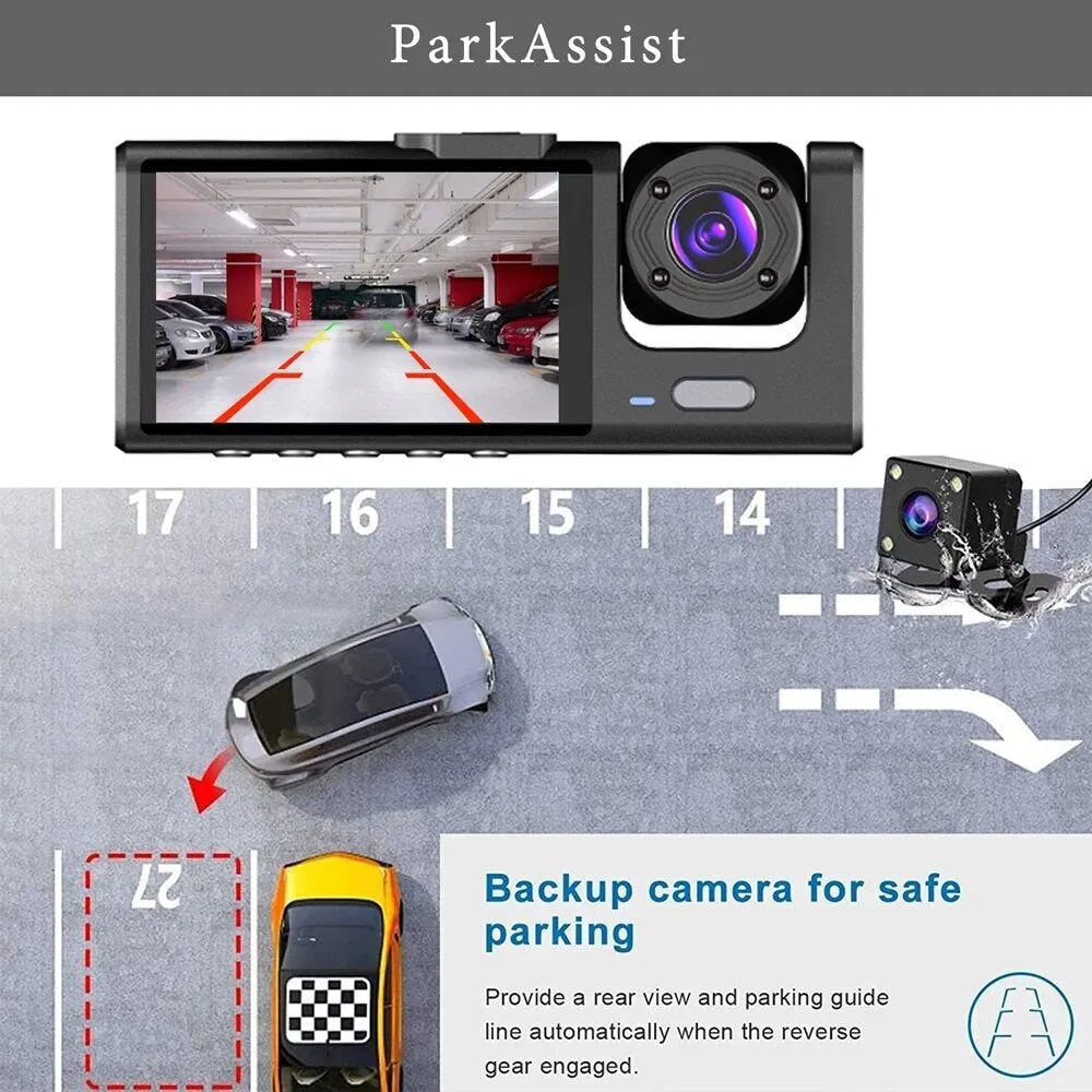 1080P 3 Lens Car Dash Cam Camera Recorder 2.0 Inch IPS Screen 170