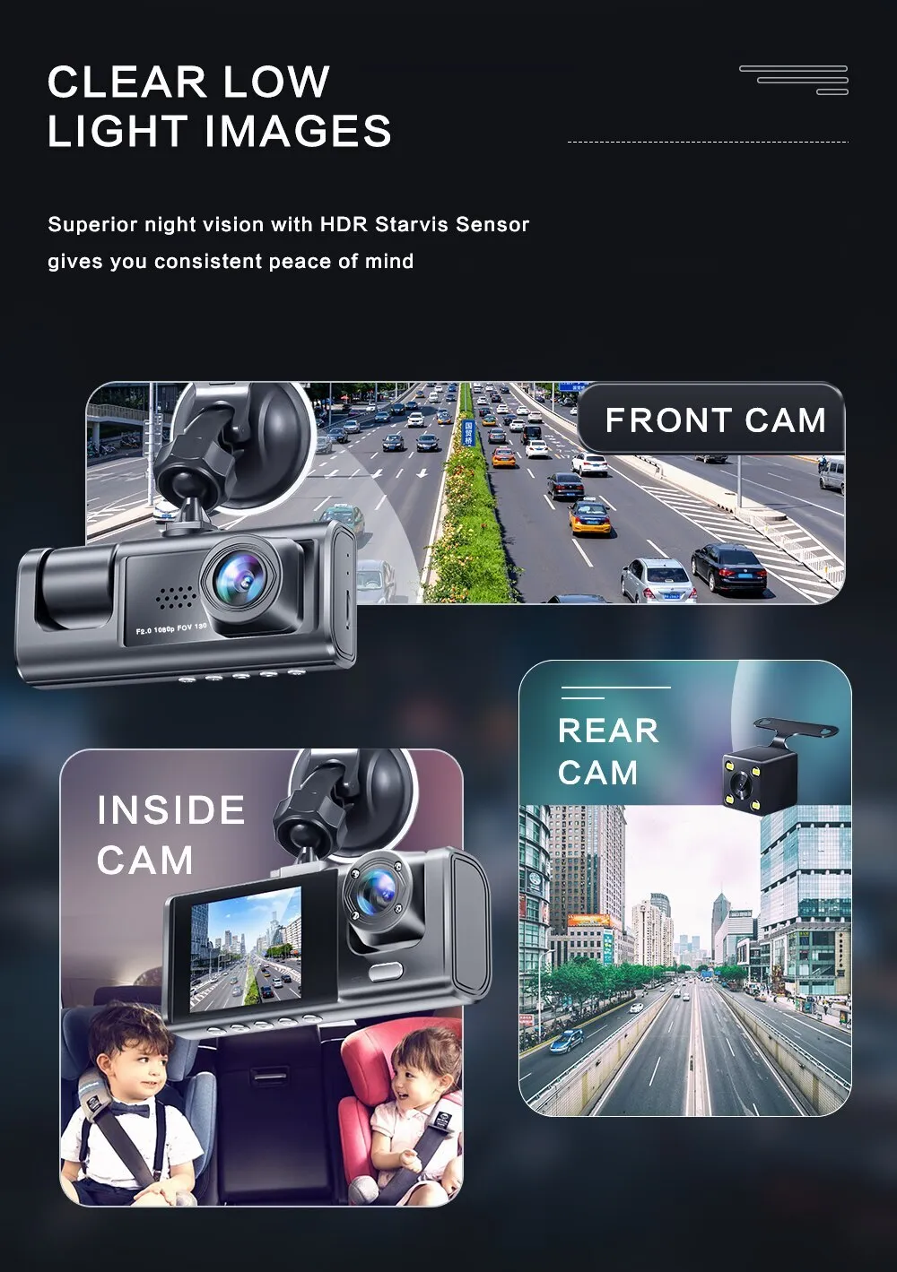 1080P 3 Lens Car Dash Cam Camera Recorder 2.0 Inch IPS Screen 170