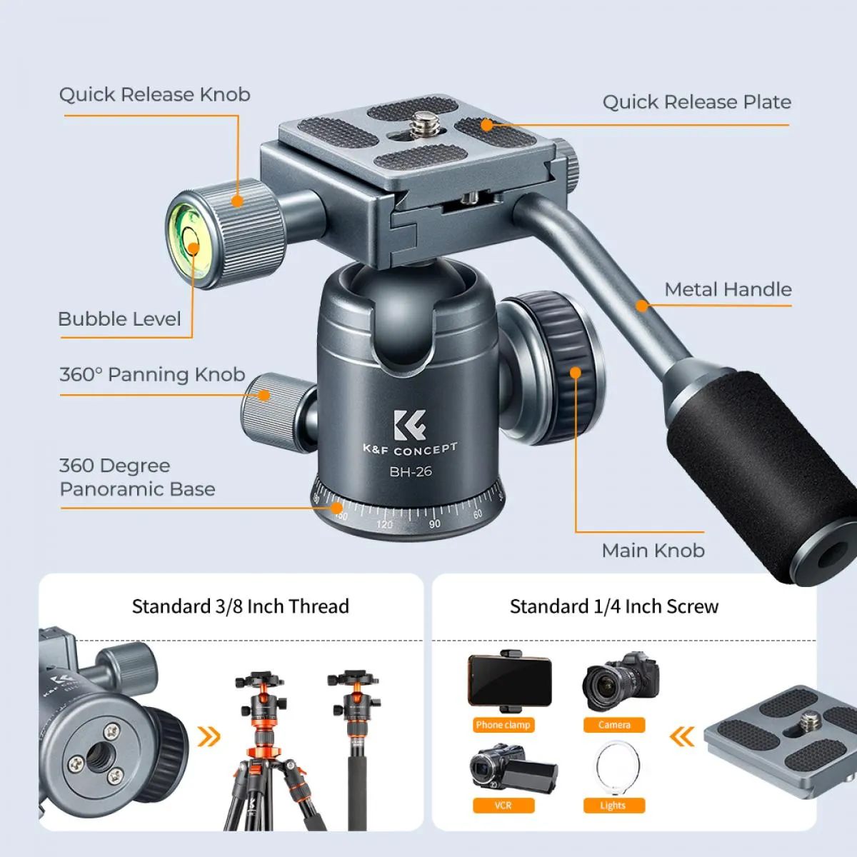 26mm Metal Tripod Ball Head with Handle 360 Degree Rotating Panoramic with 1/4 inch Quick Release Plate Bubble Level for Monopod Camera Camcorder Load Capacity up to 17.6 lbs/8KG Gray
