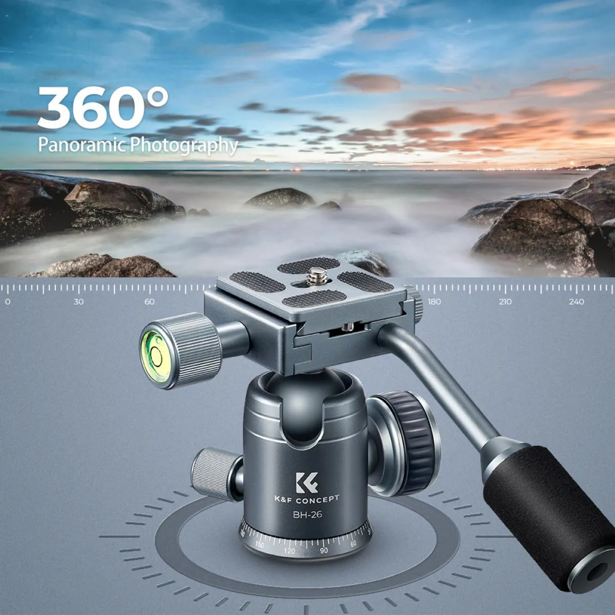 26mm Metal Tripod Ball Head with Handle 360 Degree Rotating Panoramic with 1/4 inch Quick Release Plate Bubble Level for Monopod Camera Camcorder Load Capacity up to 17.6 lbs/8KG Gray
