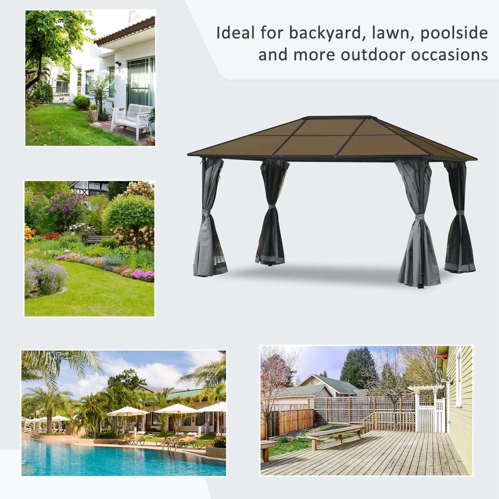 4 x 3(m) Garden Aluminium Gazebo Hardtop Roof Canopy Marquee Party Tent Patio Outdoor Shelter with Mesh Curtains & Side Walls - Grey