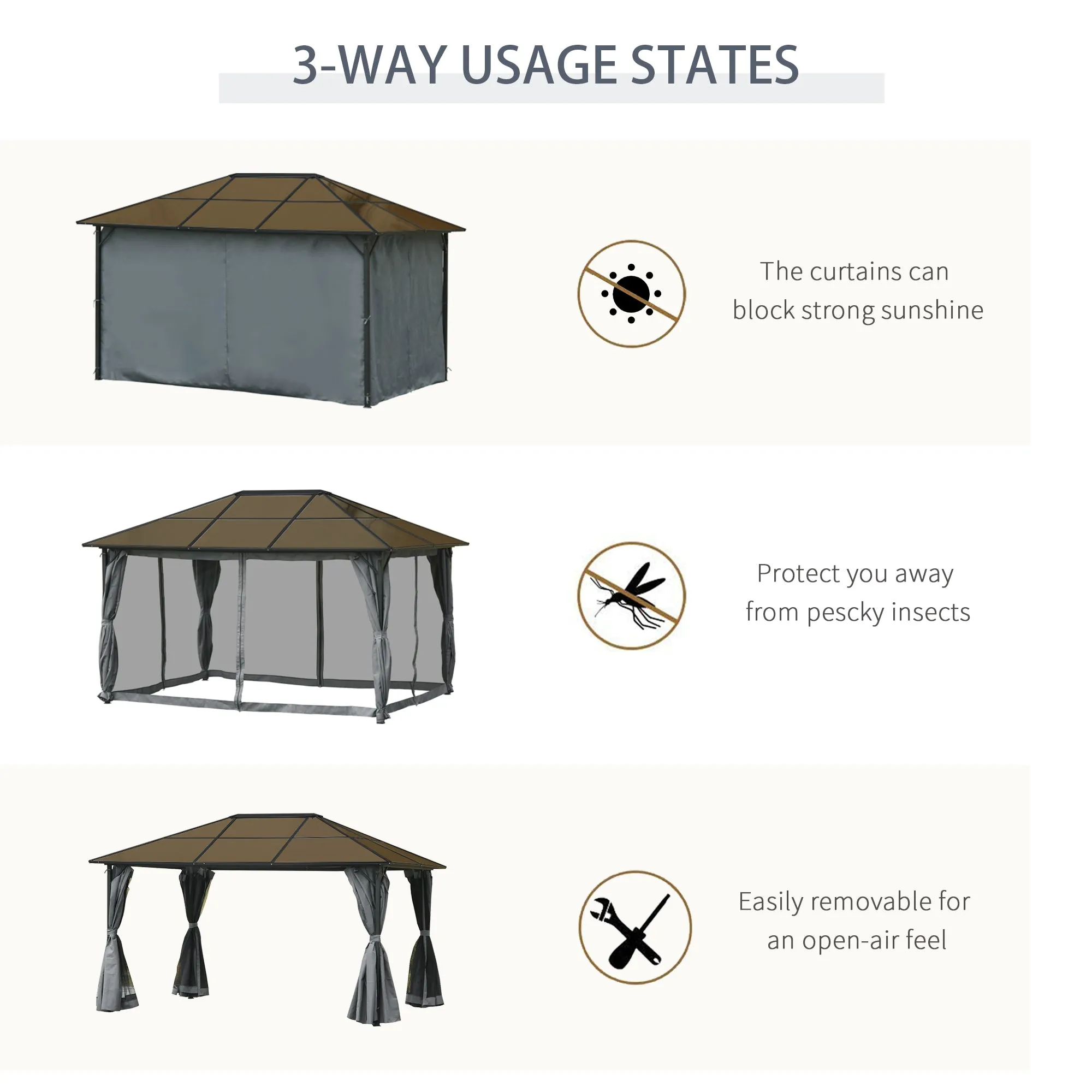4 x 3(m) Garden Aluminium Gazebo Hardtop Roof Canopy Marquee Party Tent Patio Outdoor Shelter with Mesh Curtains & Side Walls - Grey