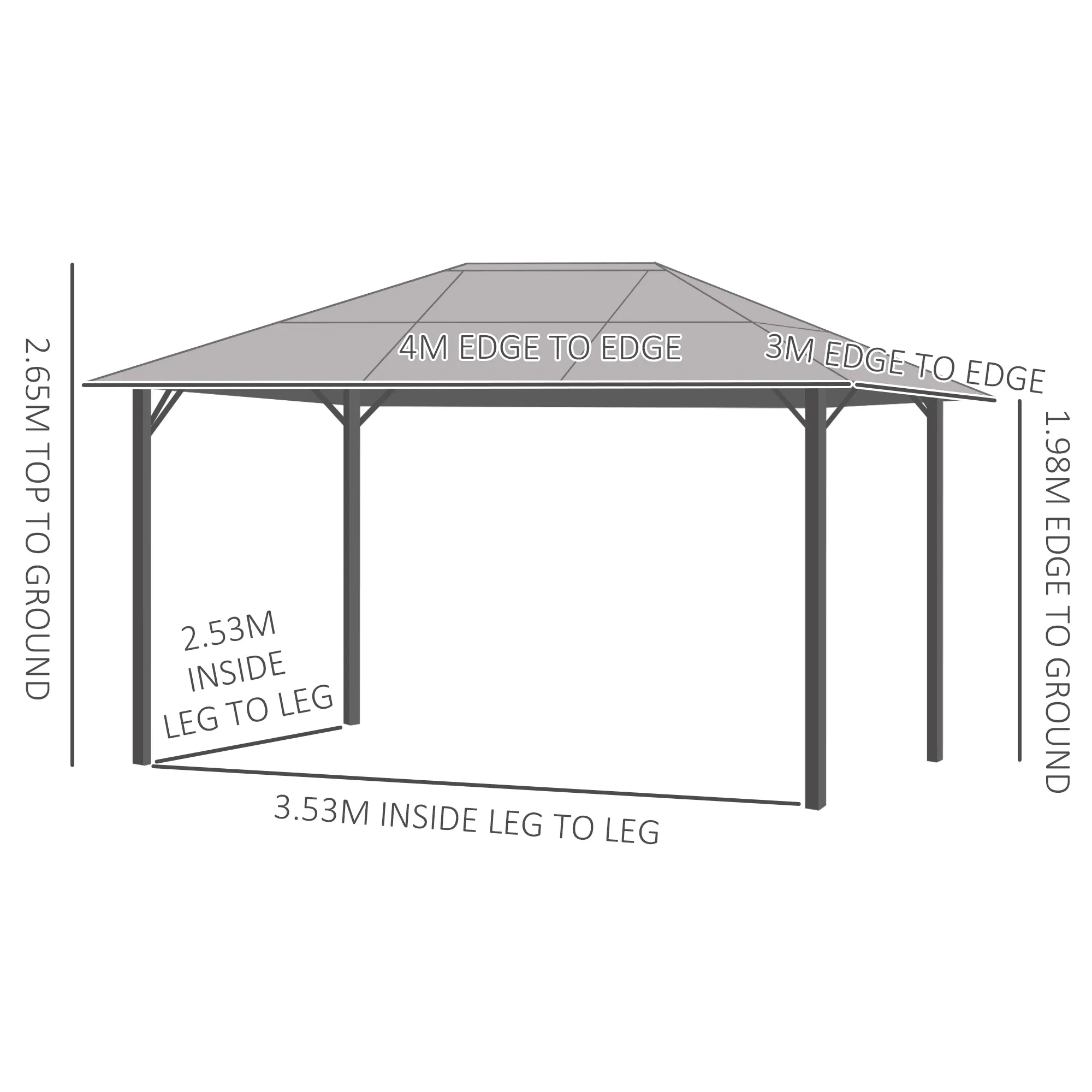 4 x 3(m) Garden Aluminium Gazebo Hardtop Roof Canopy Marquee Party Tent Patio Outdoor Shelter with Mesh Curtains & Side Walls - Grey