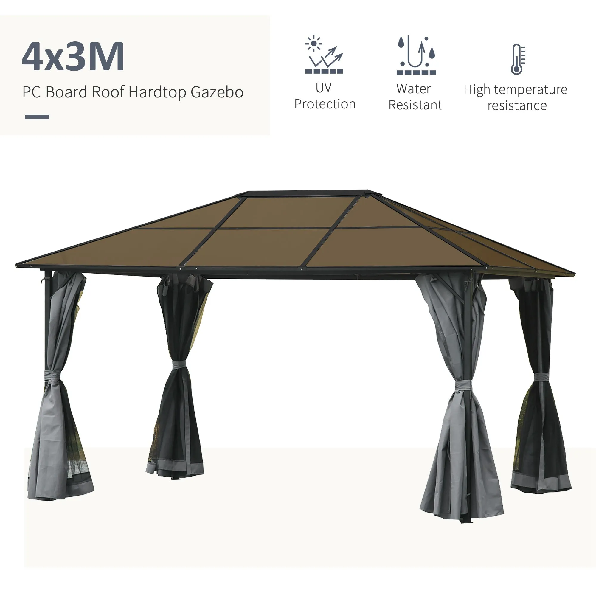 4 x 3(m) Garden Aluminium Gazebo Hardtop Roof Canopy Marquee Party Tent Patio Outdoor Shelter with Mesh Curtains & Side Walls - Grey