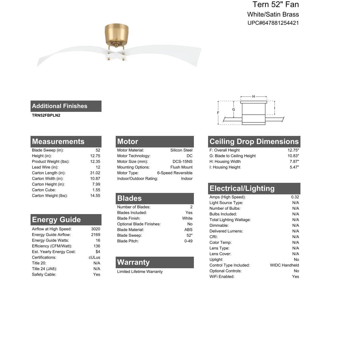 52" Tern in White/Satin Brass w/ White Blades