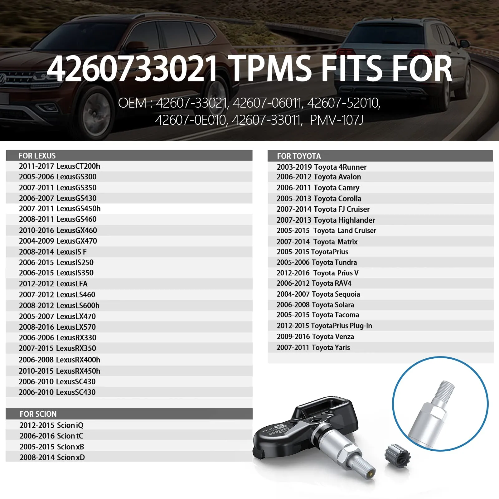 ACLONG TPMS Tire Pressure Sensor for Toyota Lexus Scion, 315MHz TPS Tire Pressure Monitoring System Sensors Carmy Corolla Highlander Sienna Replacement PMV-107J, 42607-33011, 42607-33021, 4 PCS