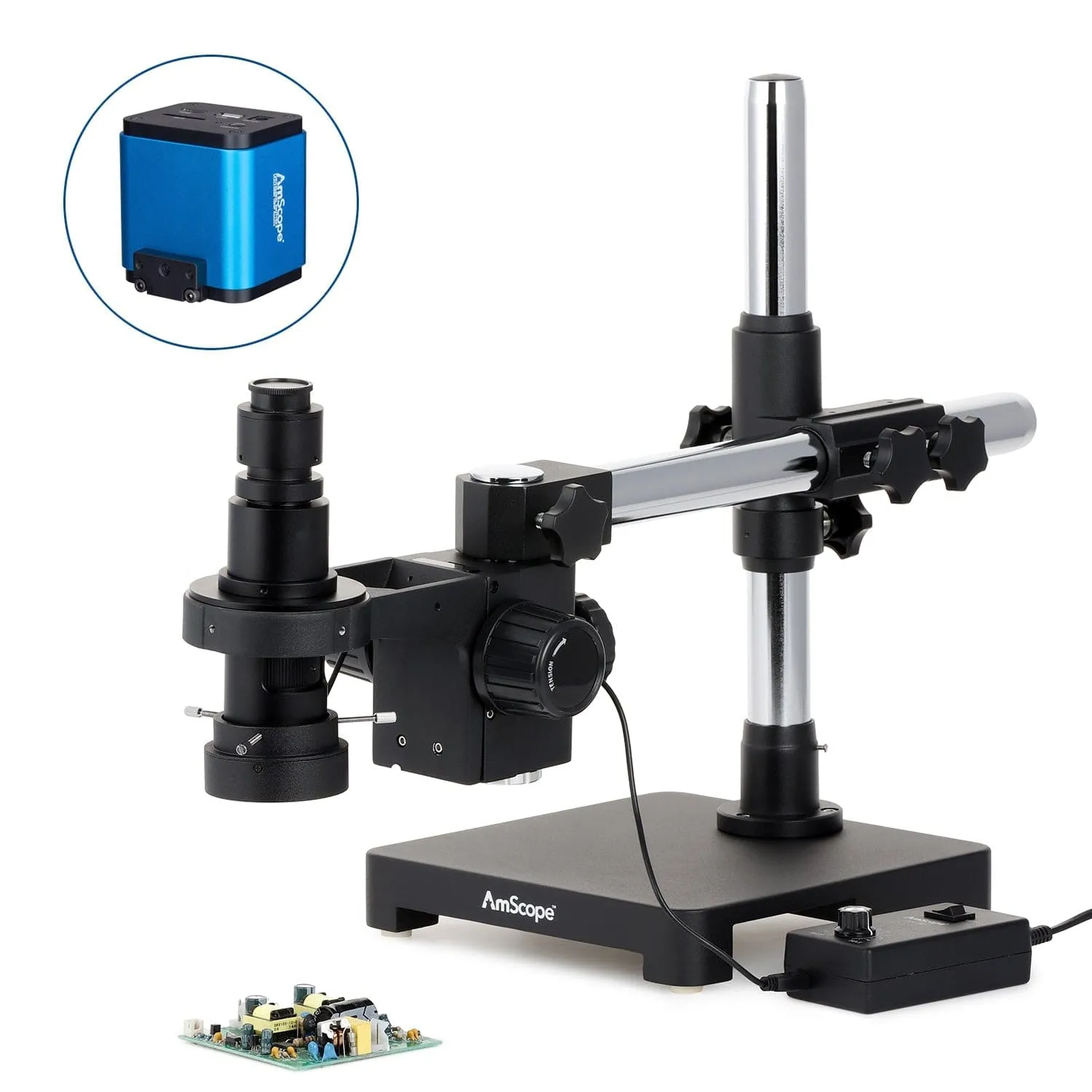 AmScope H800 Series Zoom Inspection Monocular Stereo Microscope 0.7X-5X Magnification with LED Ring Light on Single-Arm Boom-Stand   HDMI Camera