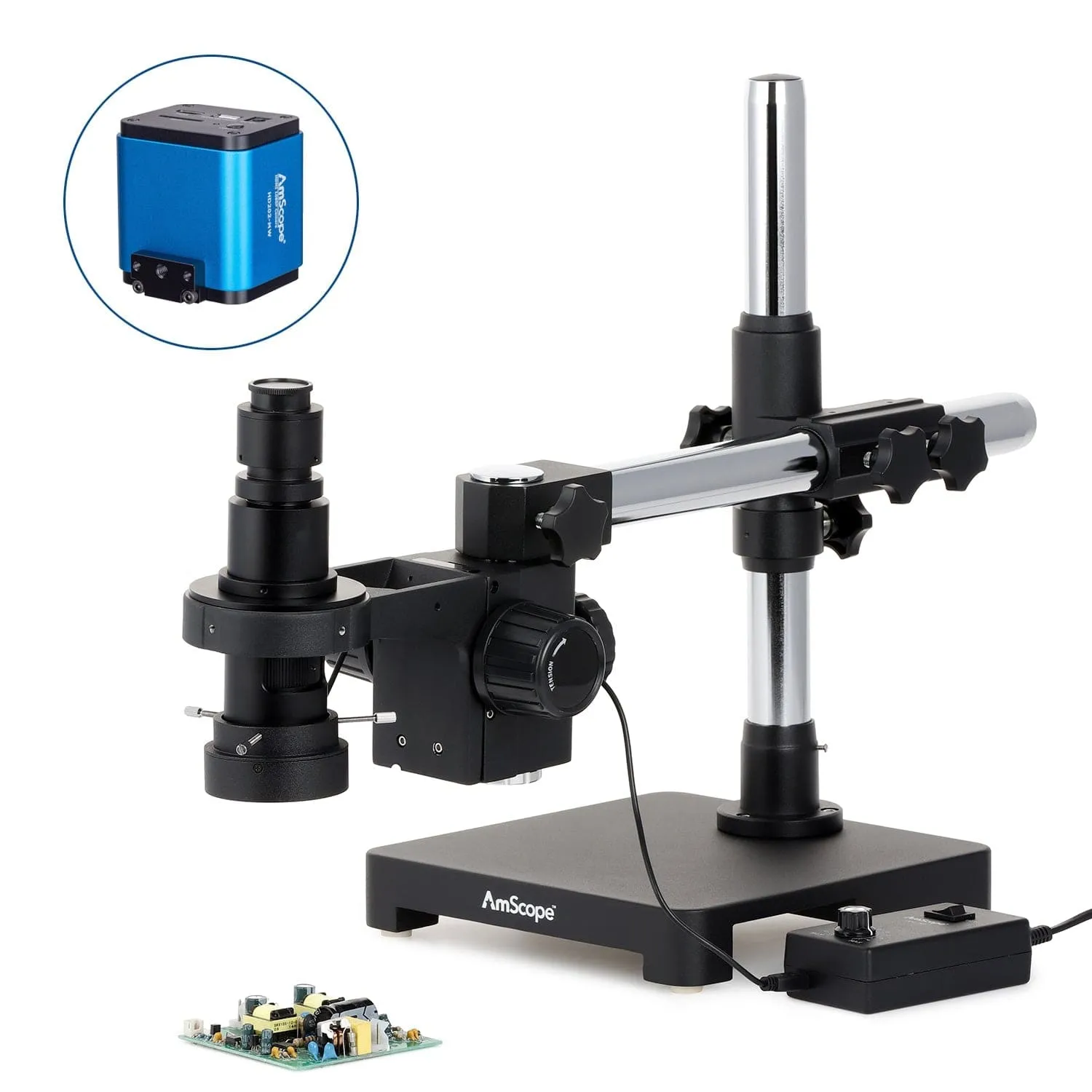 AmScope H800 Series Zoom Inspection Monocular Stereo Microscope 0.7X-5X Magnification with LED Ring Light on Single-Arm Boom-Stand   HDMI Camera