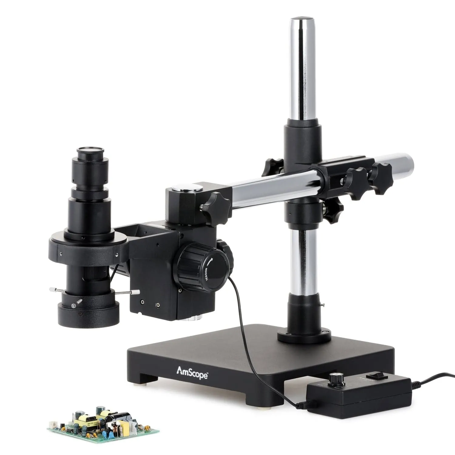 AmScope H800 Series Zoom Inspection Monocular Stereo Microscope 0.7X-5X Magnification with LED Ring Light on Single-Arm Boom-Stand   HDMI Camera
