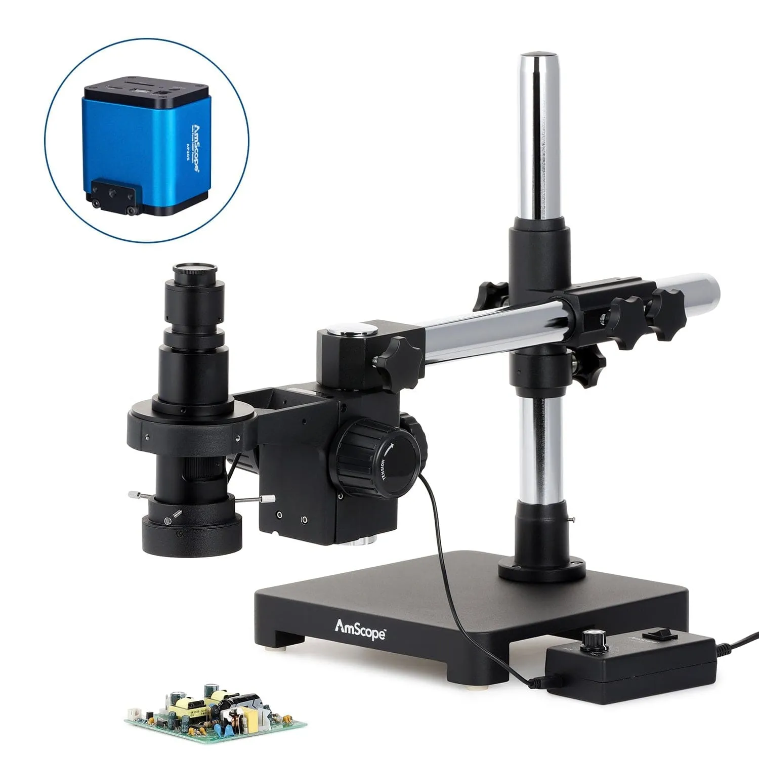 AmScope H800 Zoom Inspection Monocular Stereo Microscope 0.7X-5X Magnification with LED Ring Light on Single-Arm Boom-Stand   Auto-Focus HDMI Camera
