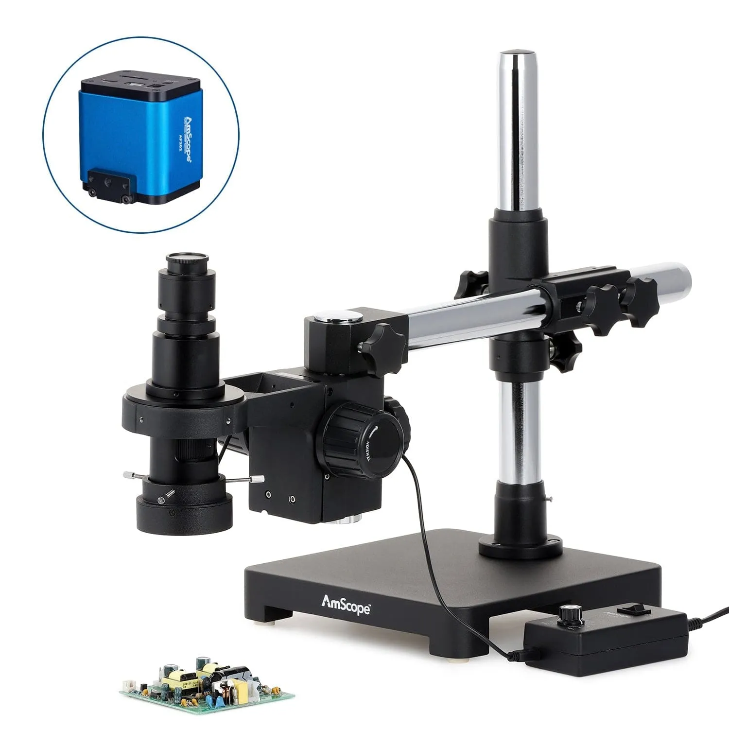 AmScope H800 Zoom Inspection Monocular Stereo Microscope 0.7X-5X Magnification with LED Ring Light on Single-Arm Boom-Stand   Auto-Focus HDMI Camera