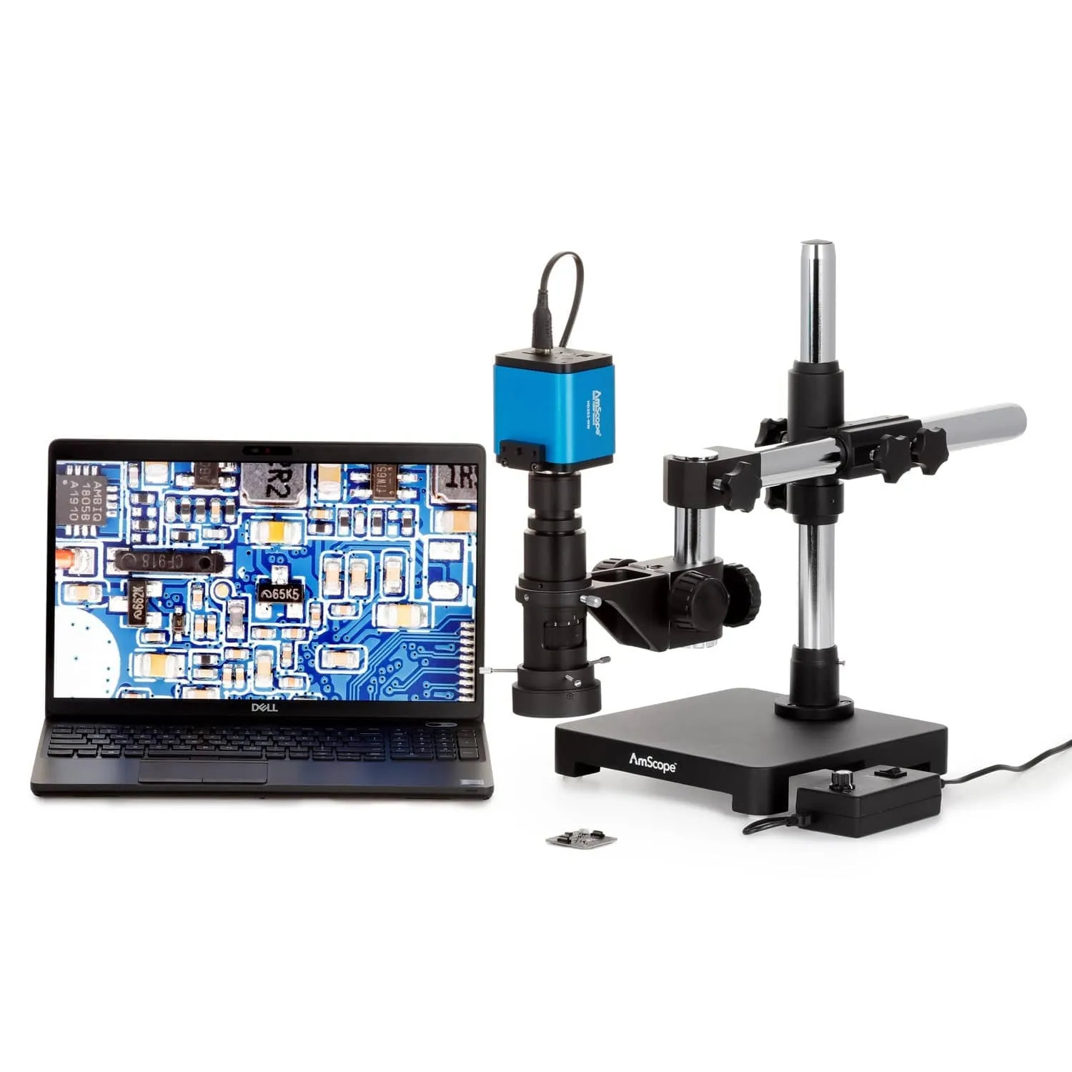 AmScope H800 Zoom Inspection Monocular Stereo Microscope 0.7X-5X Magnification with LED Ring Light on Single-Arm Boom-Stand   Auto-Focus HDMI Camera