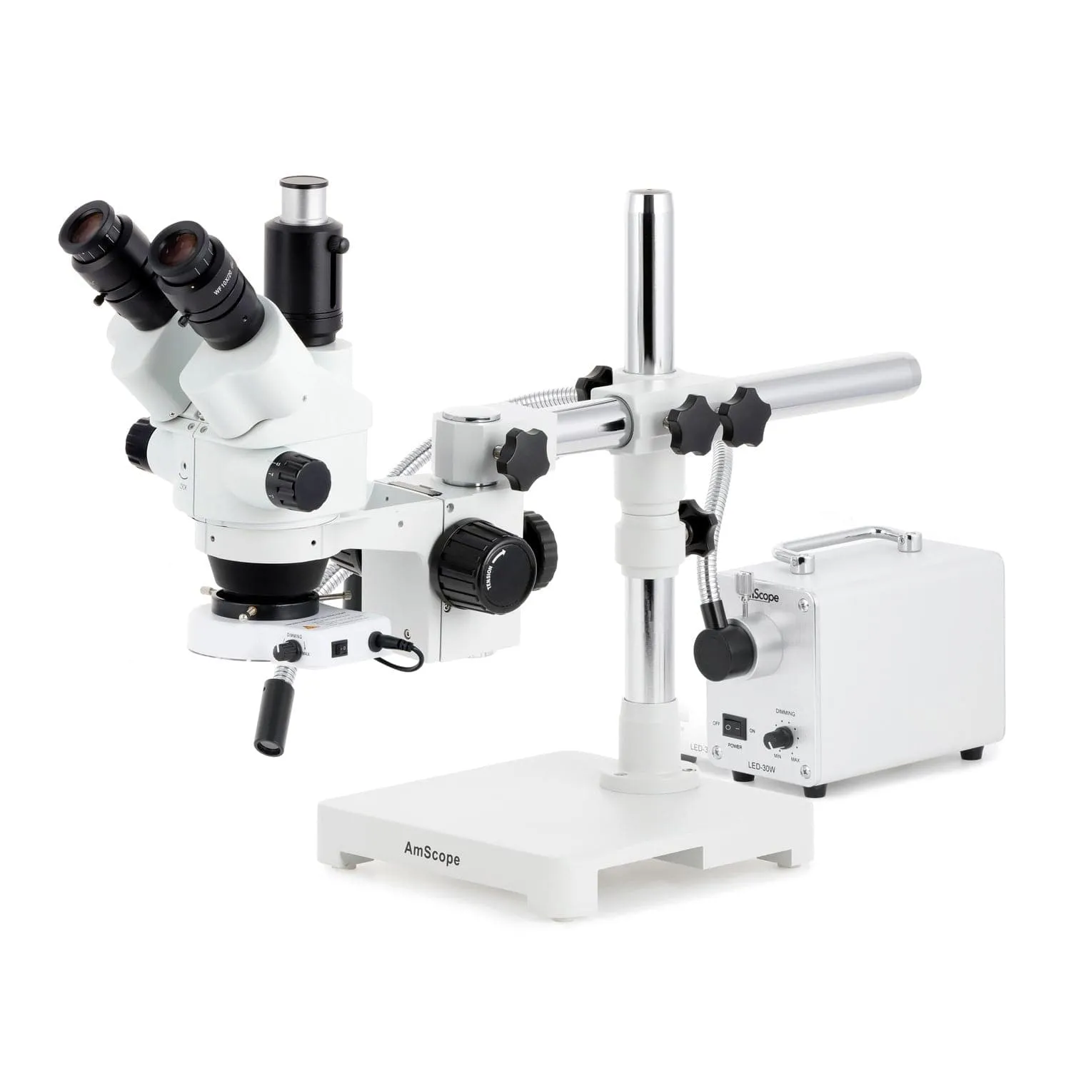 AmScope SM-3 Series Simul-Focal Lockable Zoom Trinocular Stereo Microscope with 30W LED Single Fiber Optic Gooseneck Light and Auto Focus Camera on Single Arm Boom Stand