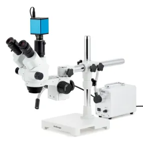 AmScope SM-3 Series Simul-Focal Lockable Zoom Trinocular Stereo Microscope with 30W LED Single Fiber Optic Gooseneck Light and Auto Focus Camera on Single Arm Boom Stand