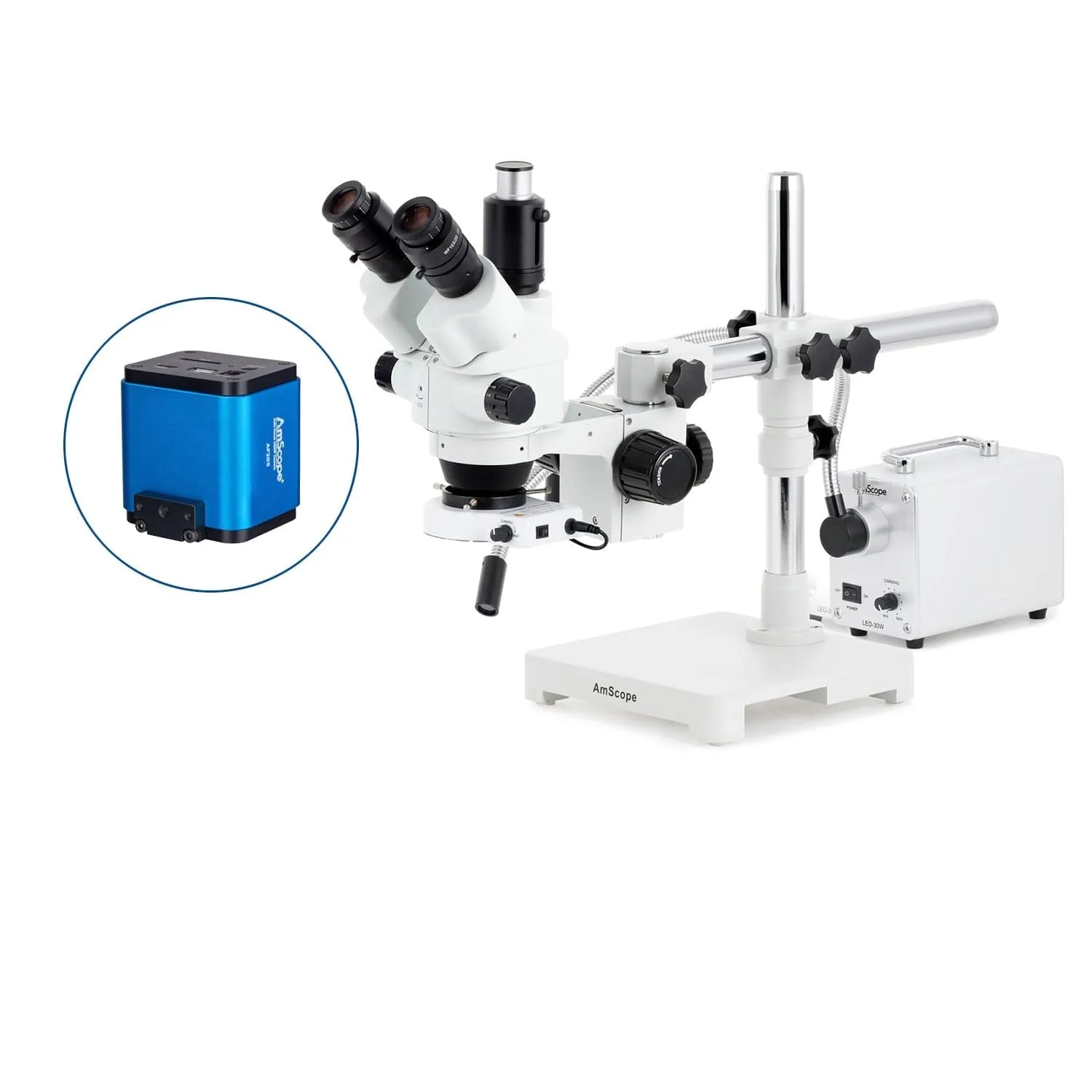 AmScope SM-3 Series Simul-Focal Lockable Zoom Trinocular Stereo Microscope with 30W LED Single Fiber Optic Gooseneck Light and Auto Focus Camera on Single Arm Boom Stand