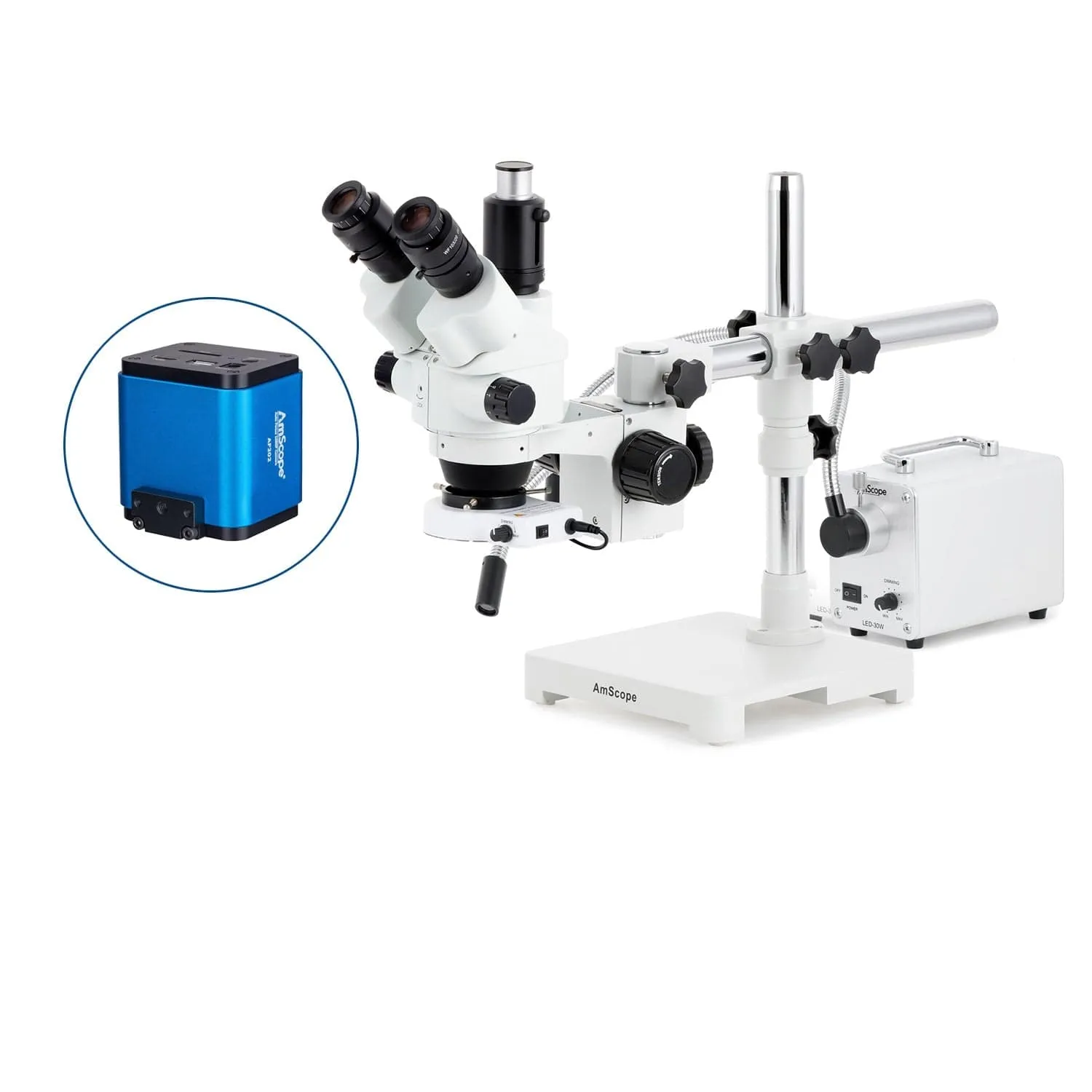 AmScope SM-3 Series Simul-Focal Lockable Zoom Trinocular Stereo Microscope with 30W LED Single Fiber Optic Gooseneck Light and Auto Focus Camera on Single Arm Boom Stand