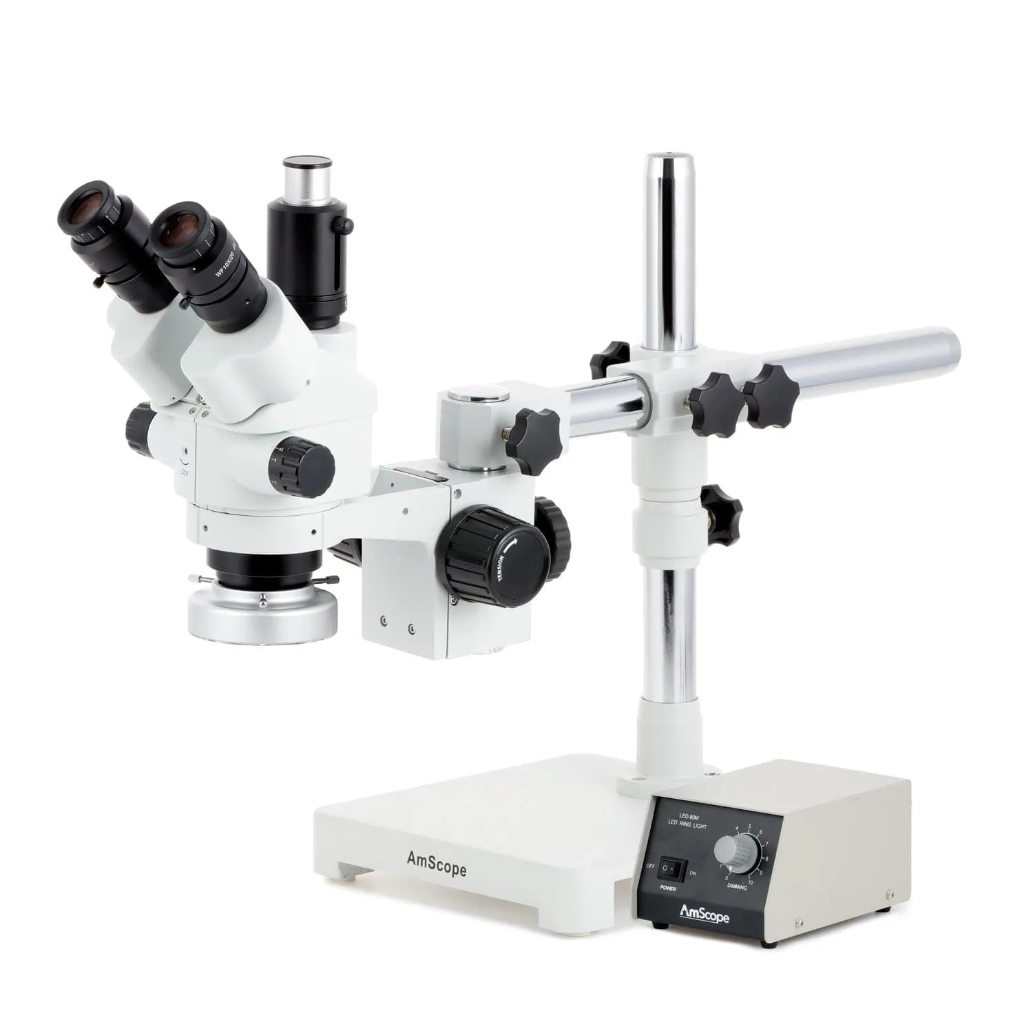 AmScope SM-3 Series Simul-Focal Lockable Zoom Trinocular Stereo Microscope with Heavy Duty 80 LED Ring Light and Auto Focus Camera on Single Arm Boom Stand