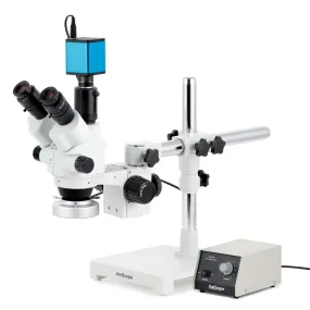 AmScope SM-3 Series Simul-Focal Lockable Zoom Trinocular Stereo Microscope with Heavy Duty 80 LED Ring Light and Auto Focus Camera on Single Arm Boom Stand