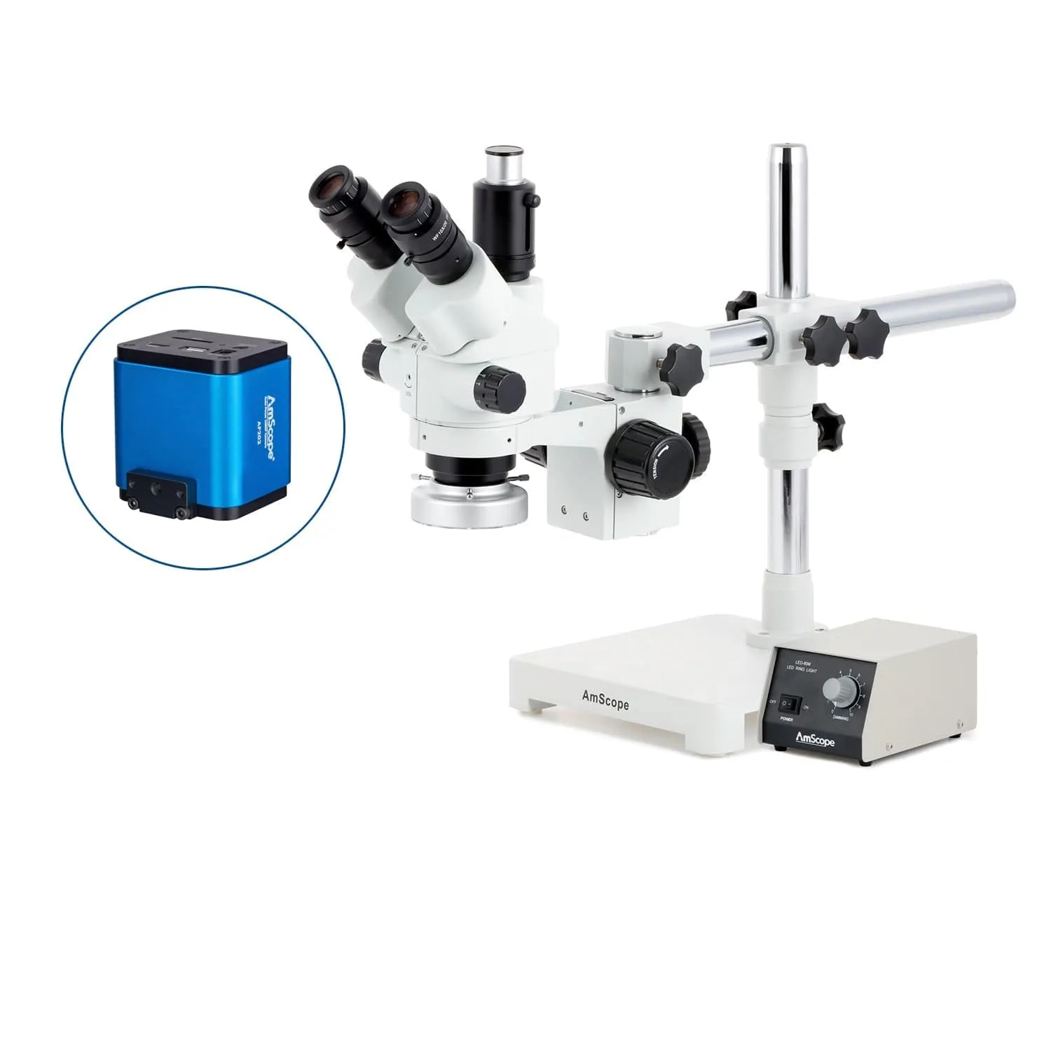 AmScope SM-3 Series Simul-Focal Lockable Zoom Trinocular Stereo Microscope with Heavy Duty 80 LED Ring Light and Auto Focus Camera on Single Arm Boom Stand