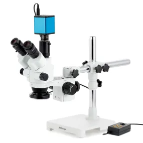 AmScope SM-3 Series Simul-Focal Lockable Zoom Trinocular Stereo Microscope with Multi-Zone 144 LED and Auto Focus Camera on Single Arm Boom Stand