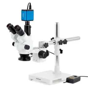 AmScope SM-3 Series Simul-Focal Lockable Zoom Trinocular Stereo Microscope with Multi-Zone 144 LED and HDMI Camera on Single Arm Boom Stand