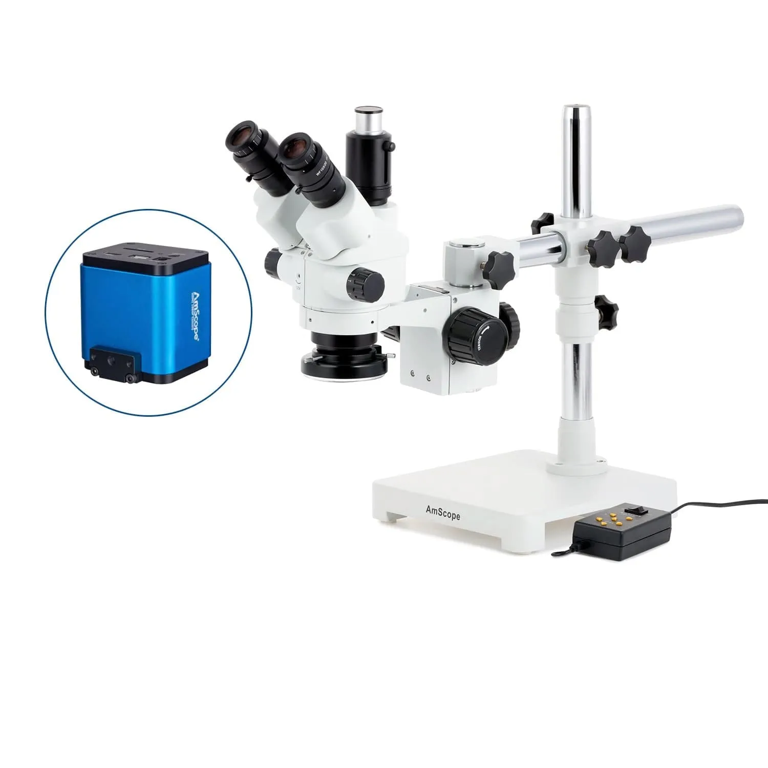AmScope SM-3 Series Simul-Focal Lockable Zoom Trinocular Stereo Microscope with Multi-Zone 144 LED and HDMI Camera on Single Arm Boom Stand