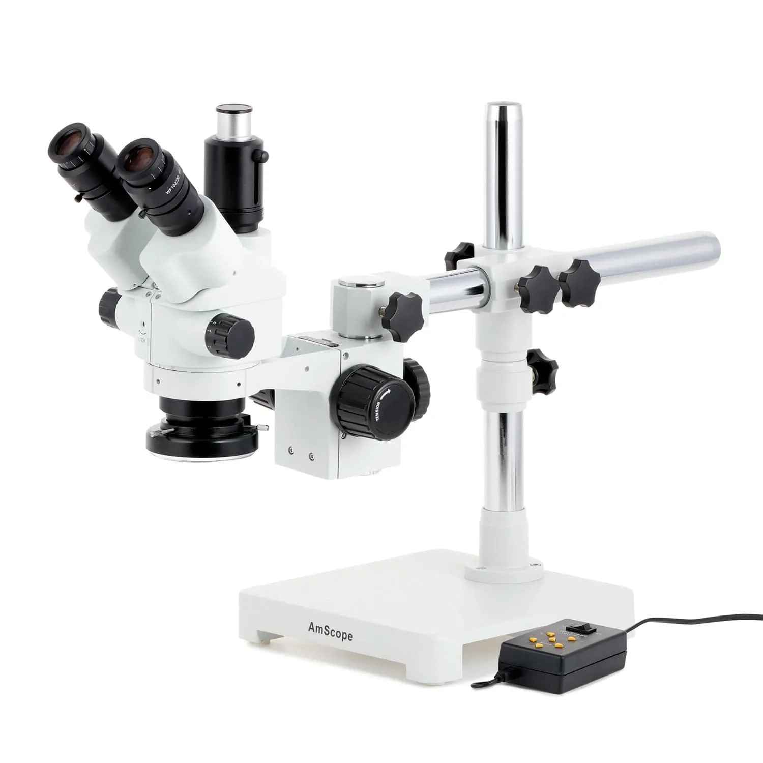 AmScope SM-3 Series Simul-Focal Lockable Zoom Trinocular Stereo Microscope with Multi-Zone 144 LED and HDMI Camera on Single Arm Boom Stand