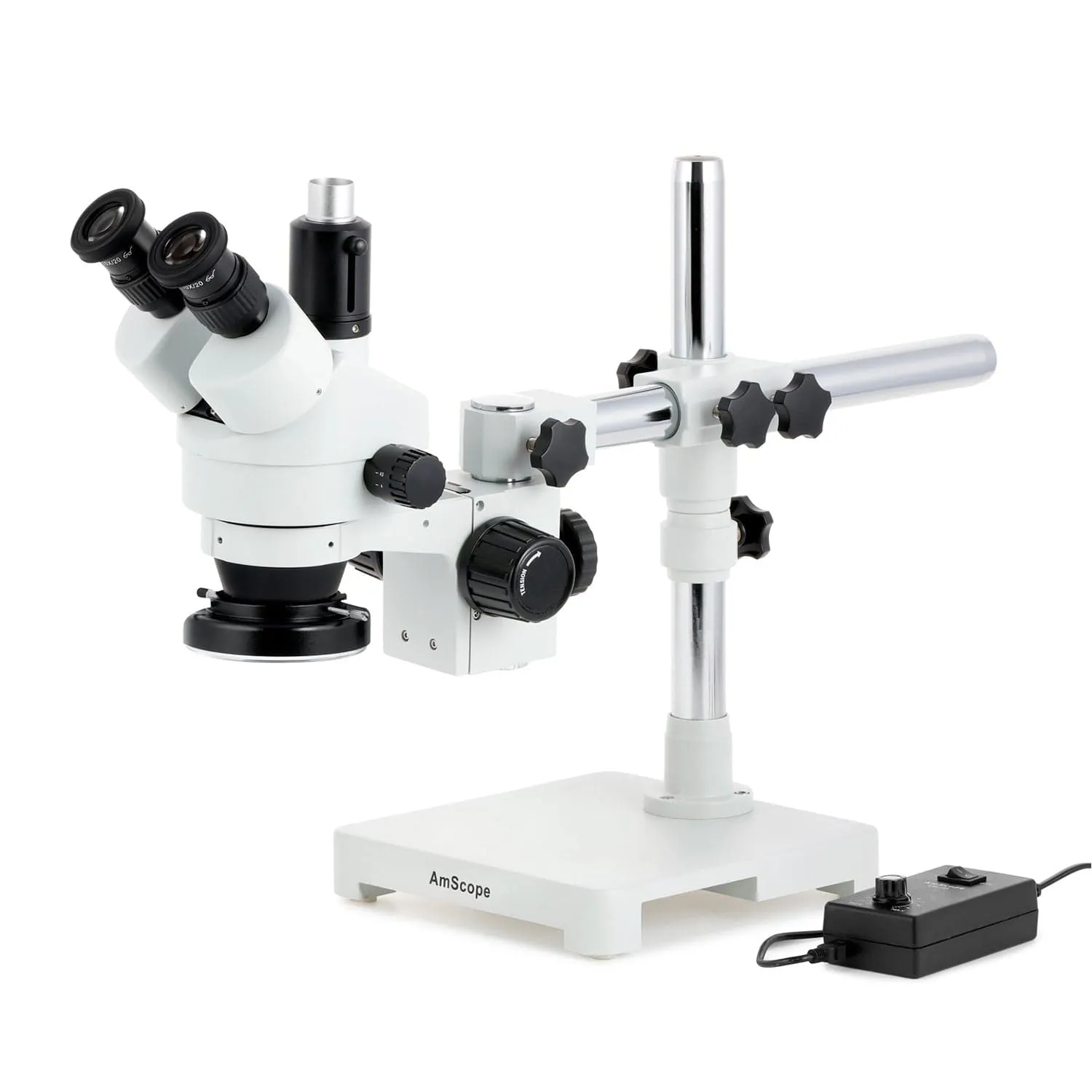 AmScope SM-3 Series Simul-Focal Zoom Trinocular Stereo Microscope with 144 LED Ring Light and Auto Focus Camera on Single Arm Boom Stand