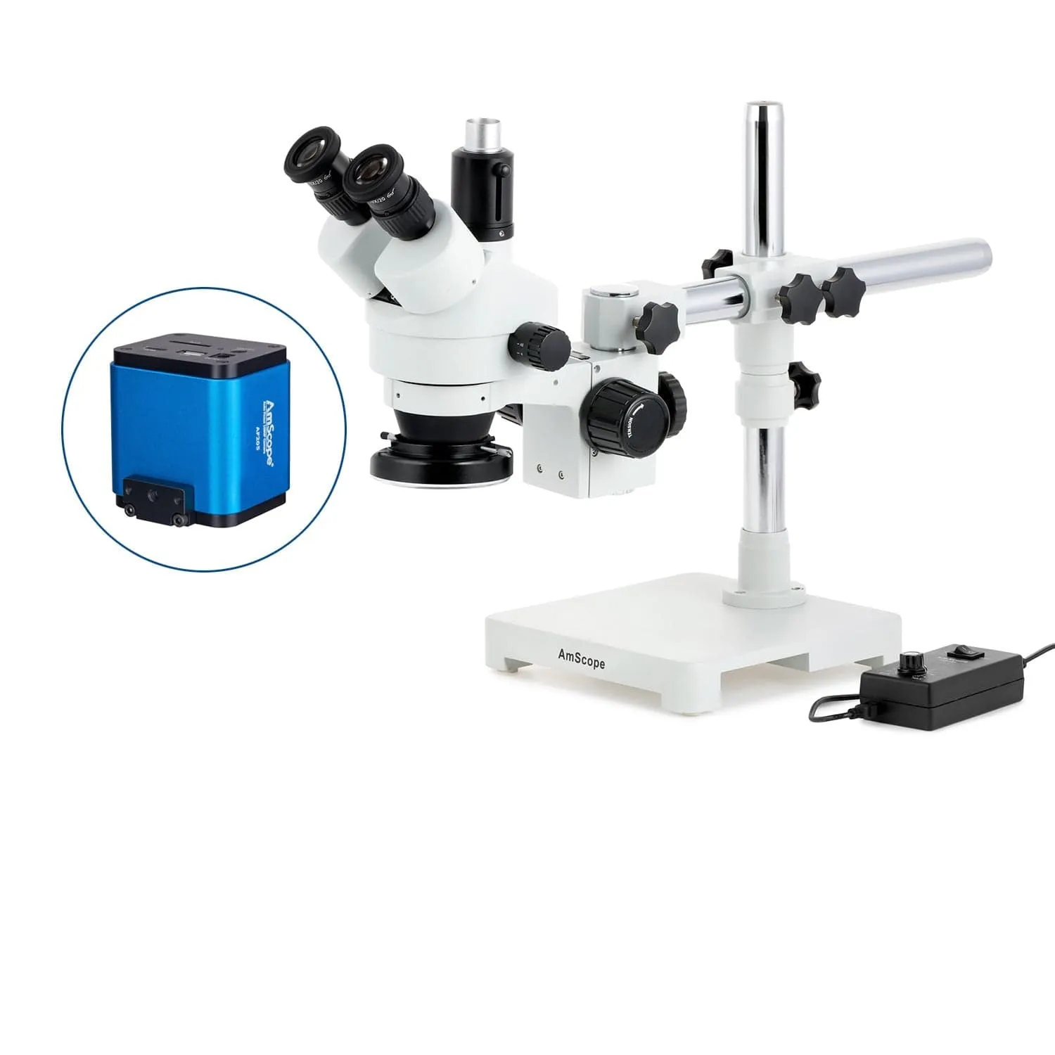 AmScope SM-3 Series Simul-Focal Zoom Trinocular Stereo Microscope with 144 LED Ring Light and Auto Focus Camera on Single Arm Boom Stand