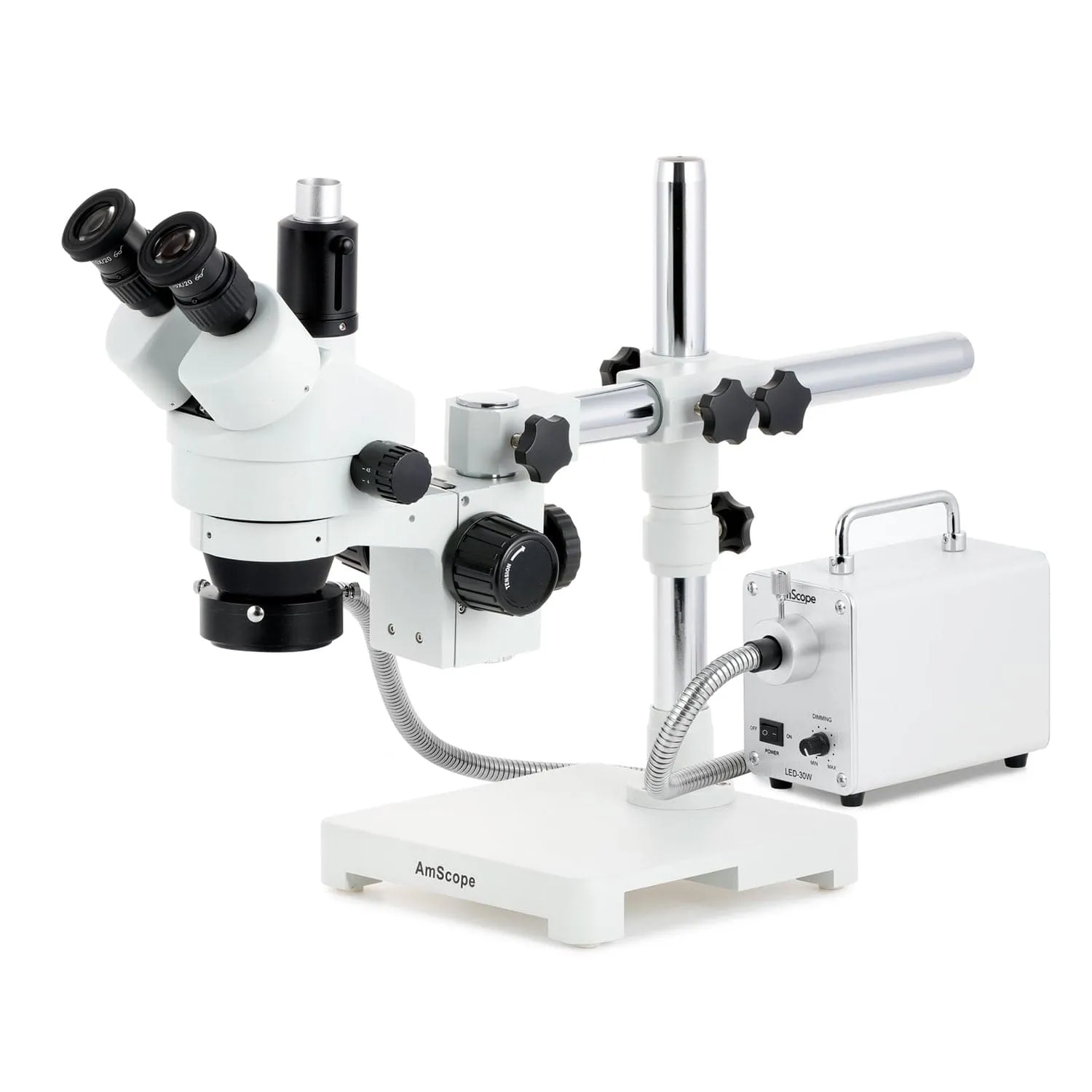 AmScope SM-3 Series Simul-Focal Zoom Trinocular Stereo Microscope with 30W LED Fiber Optic Ring Light and HDMI Camera on Single Arm Boom Stand