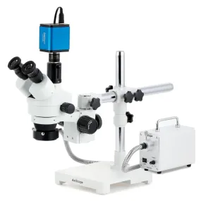 AmScope SM-3 Series Simul-Focal Zoom Trinocular Stereo Microscope with 30W LED Fiber Optic Ring Light and HDMI Camera on Single Arm Boom Stand