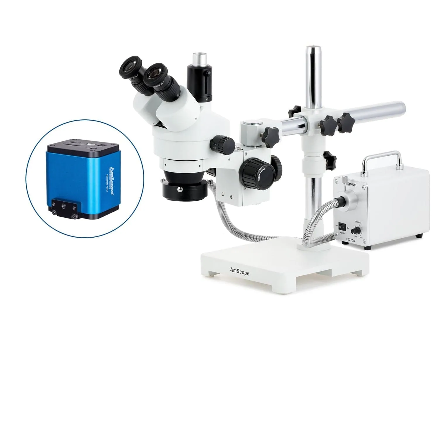 AmScope SM-3 Series Simul-Focal Zoom Trinocular Stereo Microscope with 30W LED Fiber Optic Ring Light and HDMI Camera on Single Arm Boom Stand