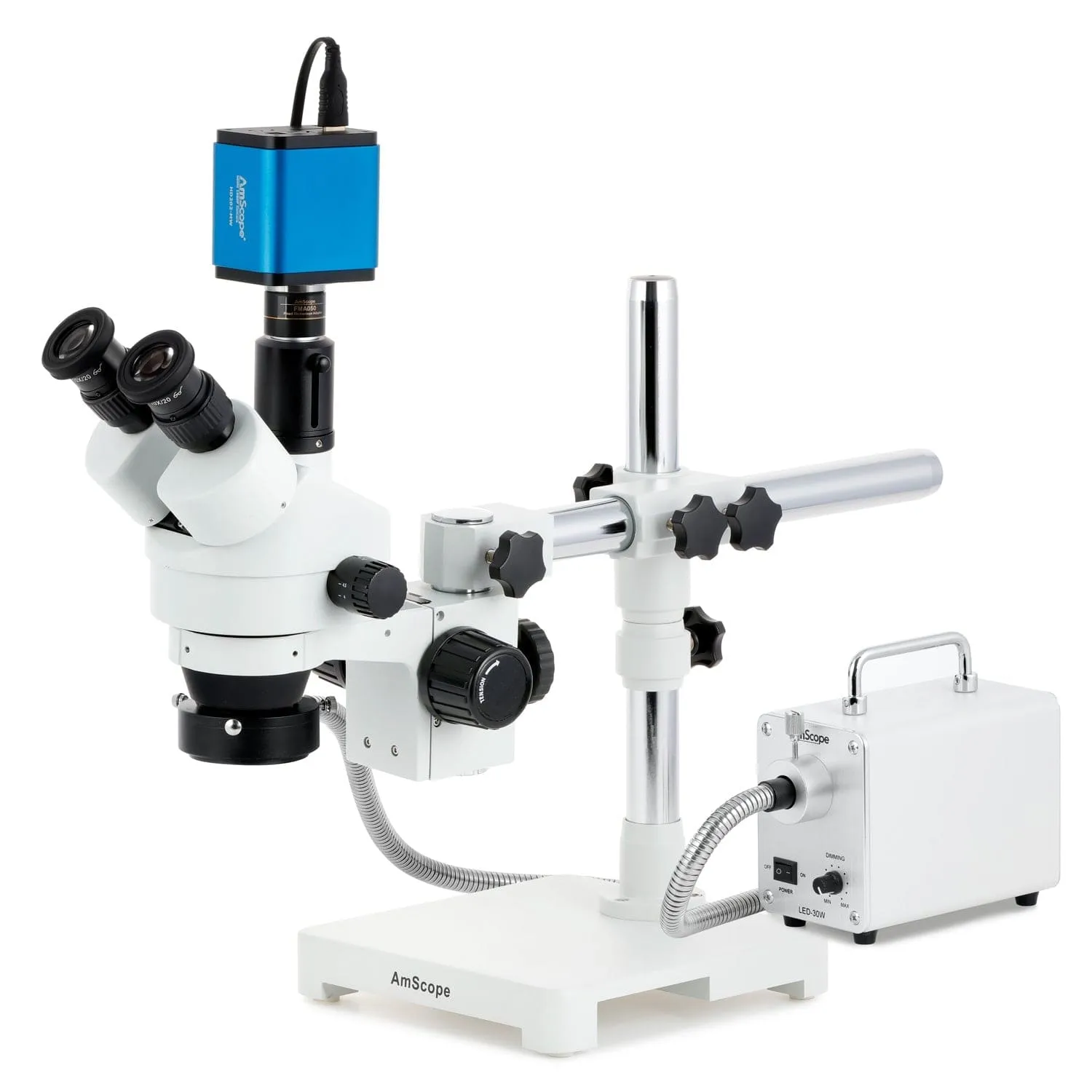 AmScope SM-3 Series Simul-Focal Zoom Trinocular Stereo Microscope with 30W LED Fiber Optic Ring Light and HDMI Camera on Single Arm Boom Stand