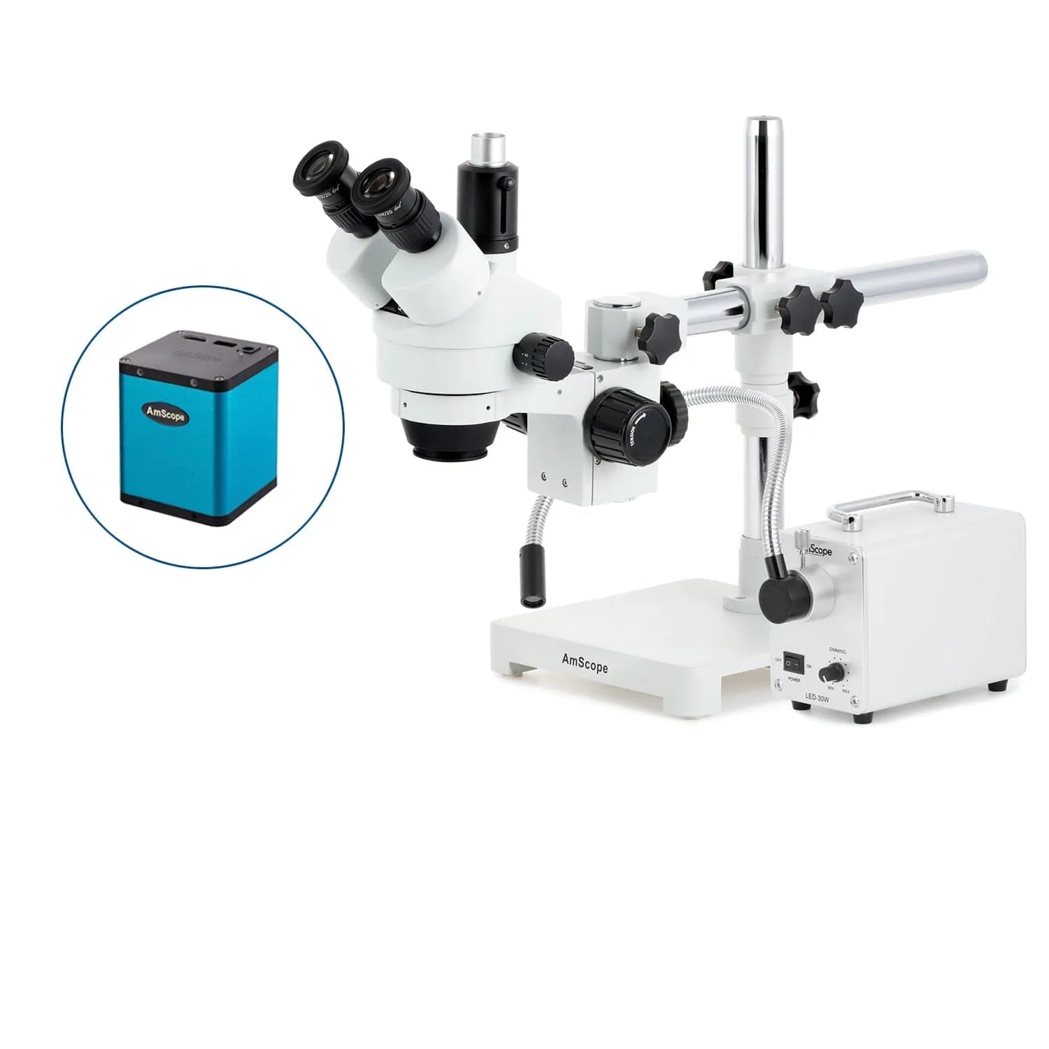 AmScope SM-3 Series Simul-Focal Zoom Trinocular Stereo Microscope with 30W LED Single Fiber Optic Gooseneck Light and Auto Focus Camera on Single Arm Boom Stand