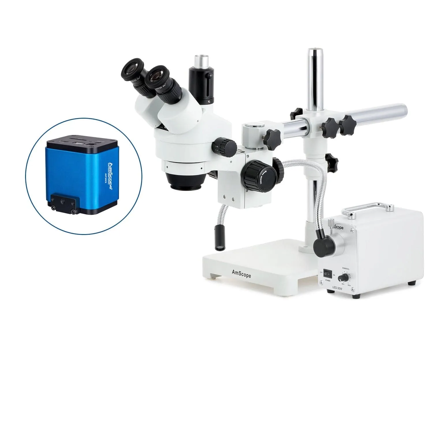 AmScope SM-3 Series Simul-Focal Zoom Trinocular Stereo Microscope with 30W LED Single Fiber Optic Gooseneck Light and Auto Focus Camera on Single Arm Boom Stand