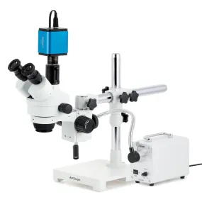 AmScope SM-3 Series Simul-Focal Zoom Trinocular Stereo Microscope with 30W LED Single Fiber Optic Gooseneck Light and Auto Focus Camera on Single Arm Boom Stand