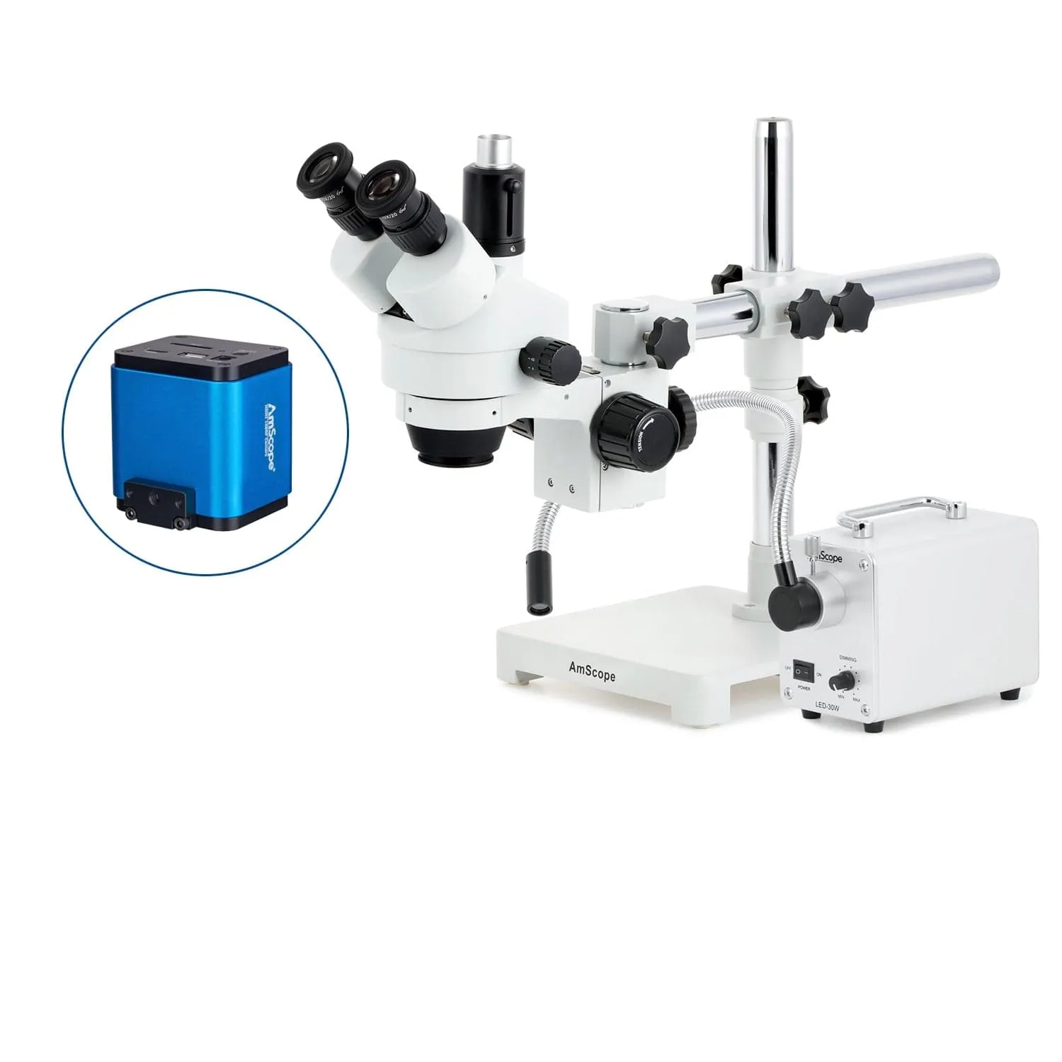 AmScope SM-3 Series Simul-Focal Zoom Trinocular Stereo Microscope with 30W LED Single Fiber Optic Gooseneck Light and HDMI Camera on Single Arm Boom Stand