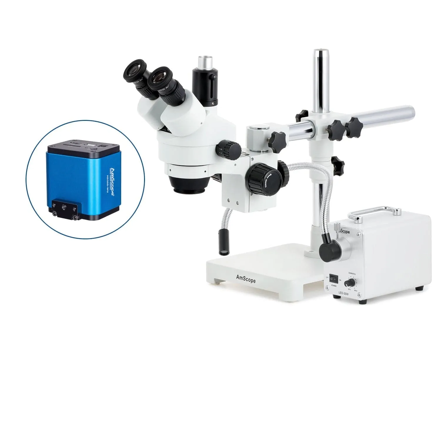 AmScope SM-3 Series Simul-Focal Zoom Trinocular Stereo Microscope with 30W LED Single Fiber Optic Gooseneck Light and HDMI Camera on Single Arm Boom Stand