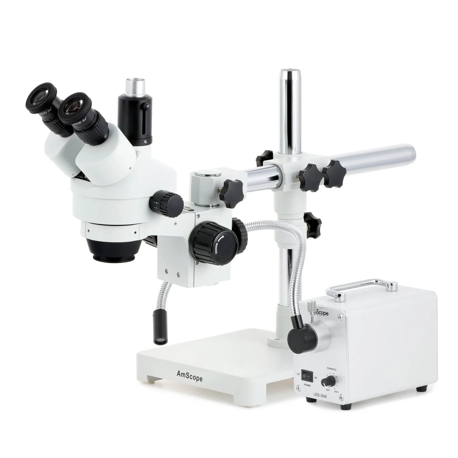 AmScope SM-3 Series Simul-Focal Zoom Trinocular Stereo Microscope with 30W LED Single Fiber Optic Gooseneck Light and HDMI Camera on Single Arm Boom Stand