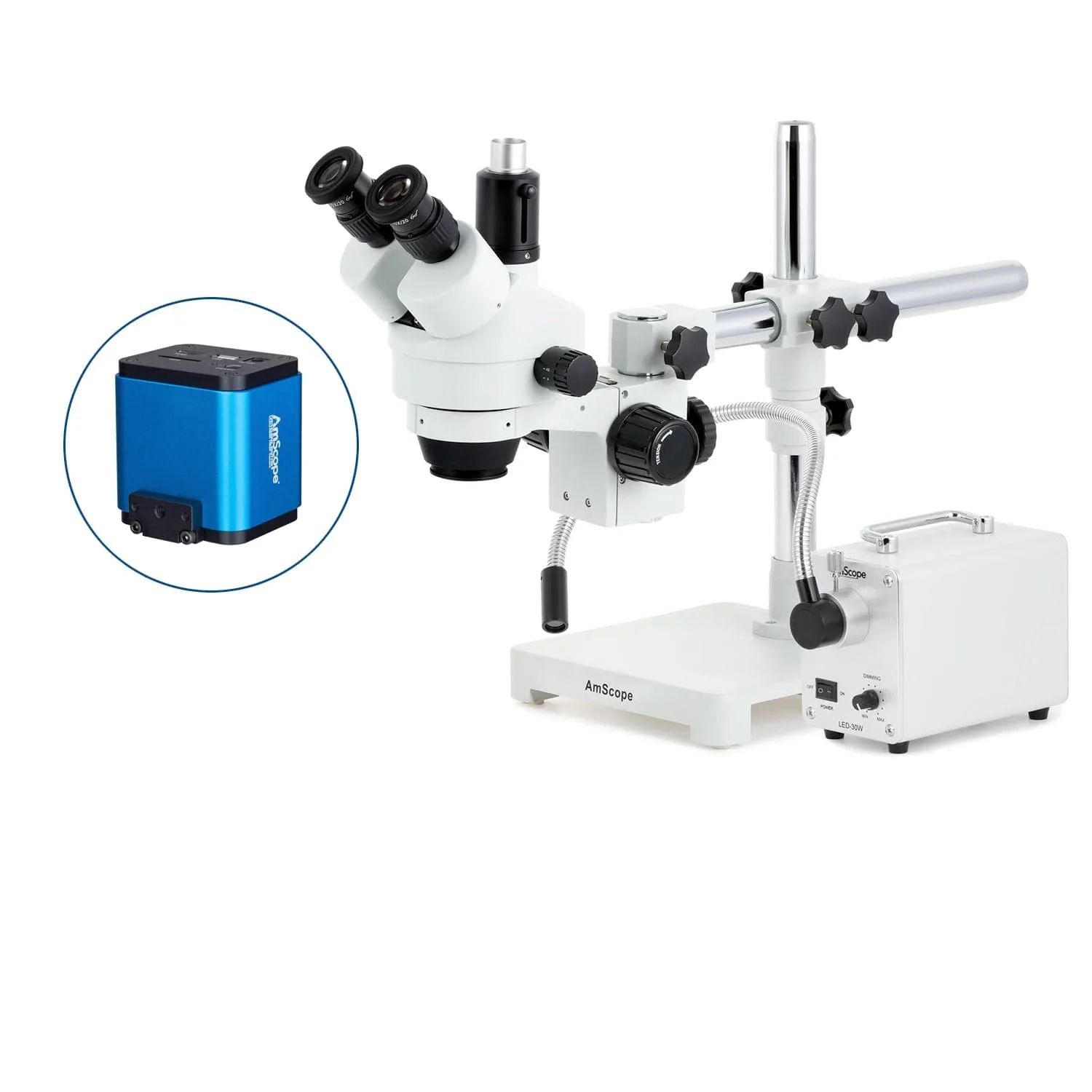 AmScope SM-3 Series Simul-Focal Zoom Trinocular Stereo Microscope with 30W LED Single Fiber Optic Gooseneck Light and HDMI Camera on Single Arm Boom Stand