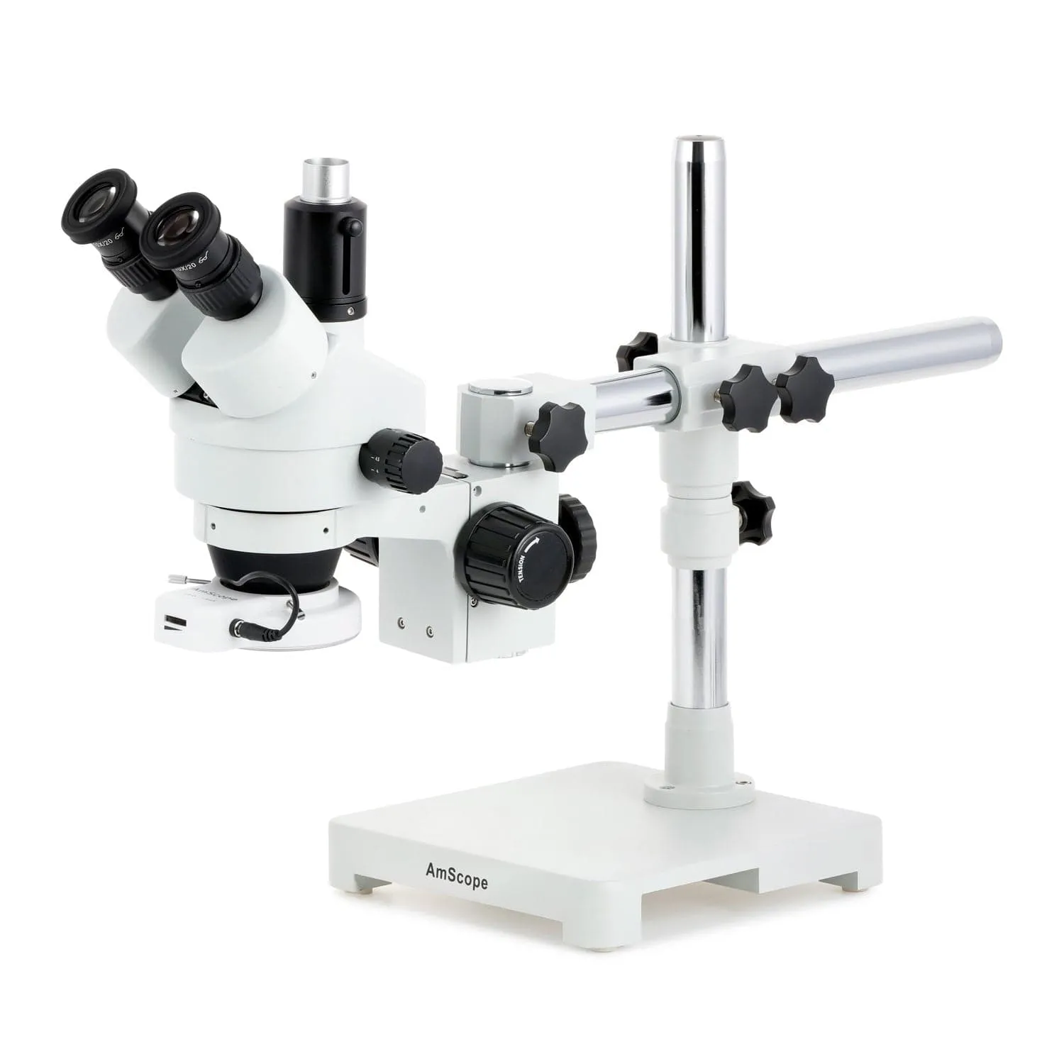 AmScope SM-3 Series Simul-Focal Zoom Trinocular Stereo Microscope with 56 LED Compact Ring Light and Auto Focus Camera on Single Arm Boom Stand