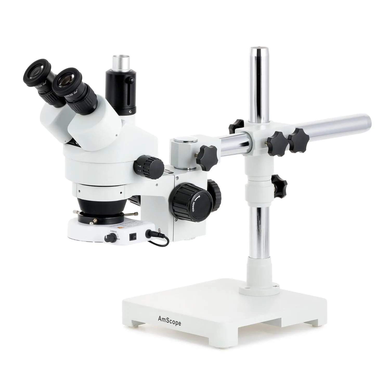AmScope SM-3 Series Simul-Focal Zoom Trinocular Stereo Microscope with 80 LED Compact Ring Light and HDMI Camera on Single Arm Boom Stand