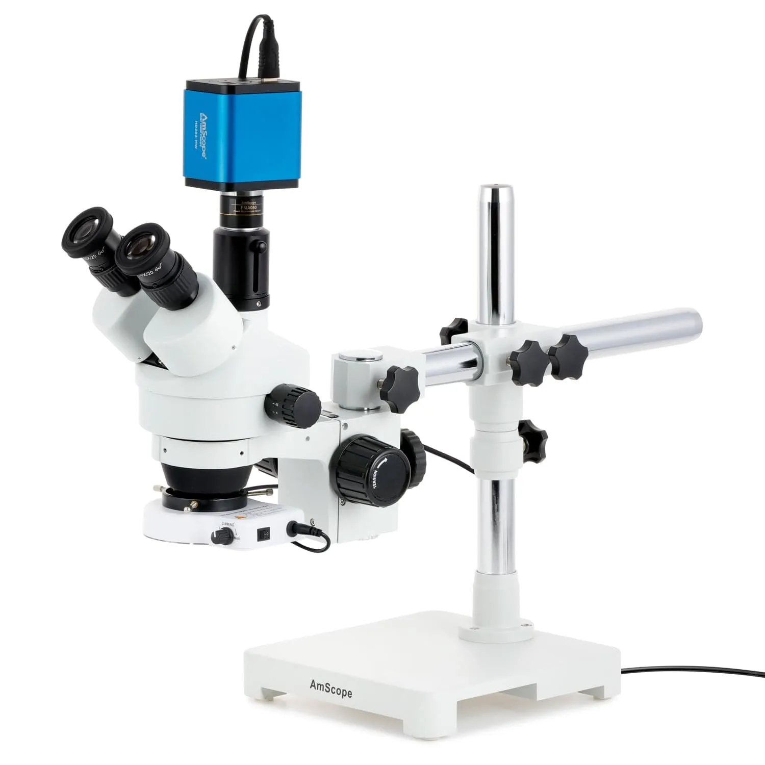 AmScope SM-3 Series Simul-Focal Zoom Trinocular Stereo Microscope with 80 LED Compact Ring Light and HDMI Camera on Single Arm Boom Stand
