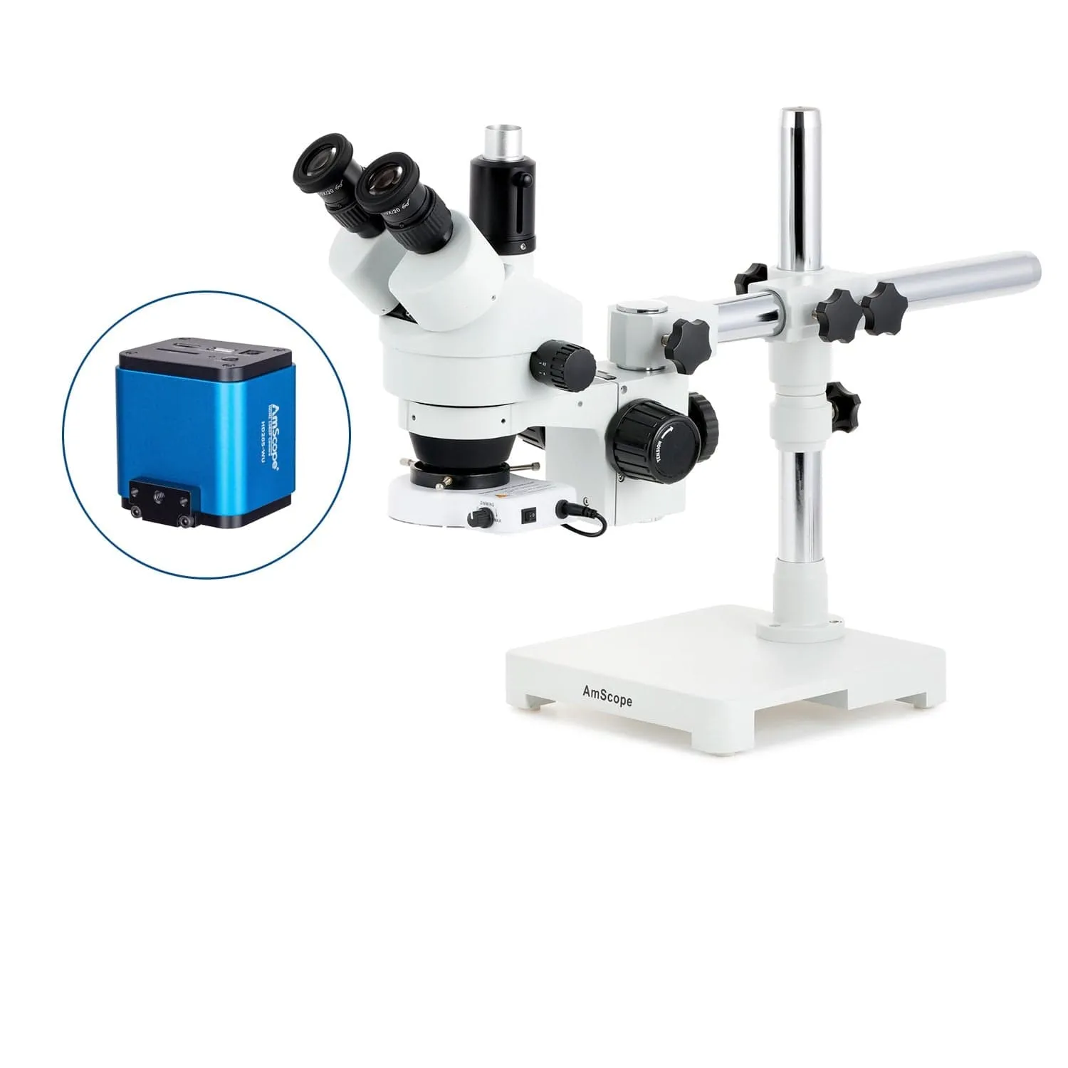 AmScope SM-3 Series Simul-Focal Zoom Trinocular Stereo Microscope with 80 LED Compact Ring Light and HDMI Camera on Single Arm Boom Stand