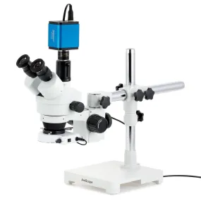AmScope SM-3 Series Simul-Focal Zoom Trinocular Stereo Microscope with 80 LED Compact Ring Light and HDMI Camera on Single Arm Boom Stand