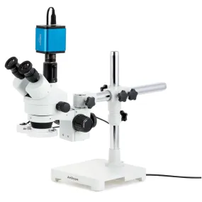 AmScope SM-3 Series Simul-Focal Zoom Trinocular Stereo Microscope with 8W Fluorescent Ring Light and Auto Focus Camera on Single Arm Boom Stand