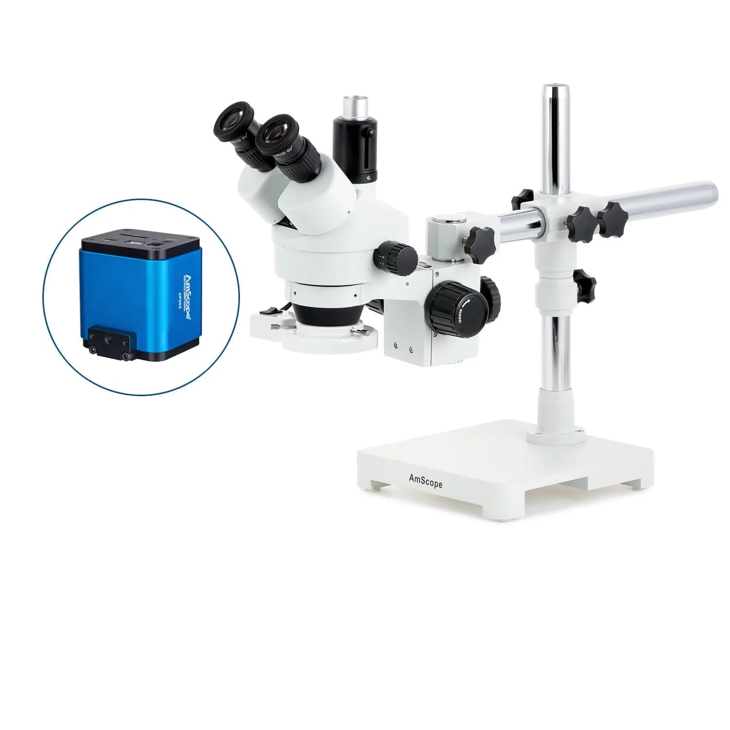 AmScope SM-3 Series Simul-Focal Zoom Trinocular Stereo Microscope with 8W Fluorescent Ring Light and Auto Focus Camera on Single Arm Boom Stand