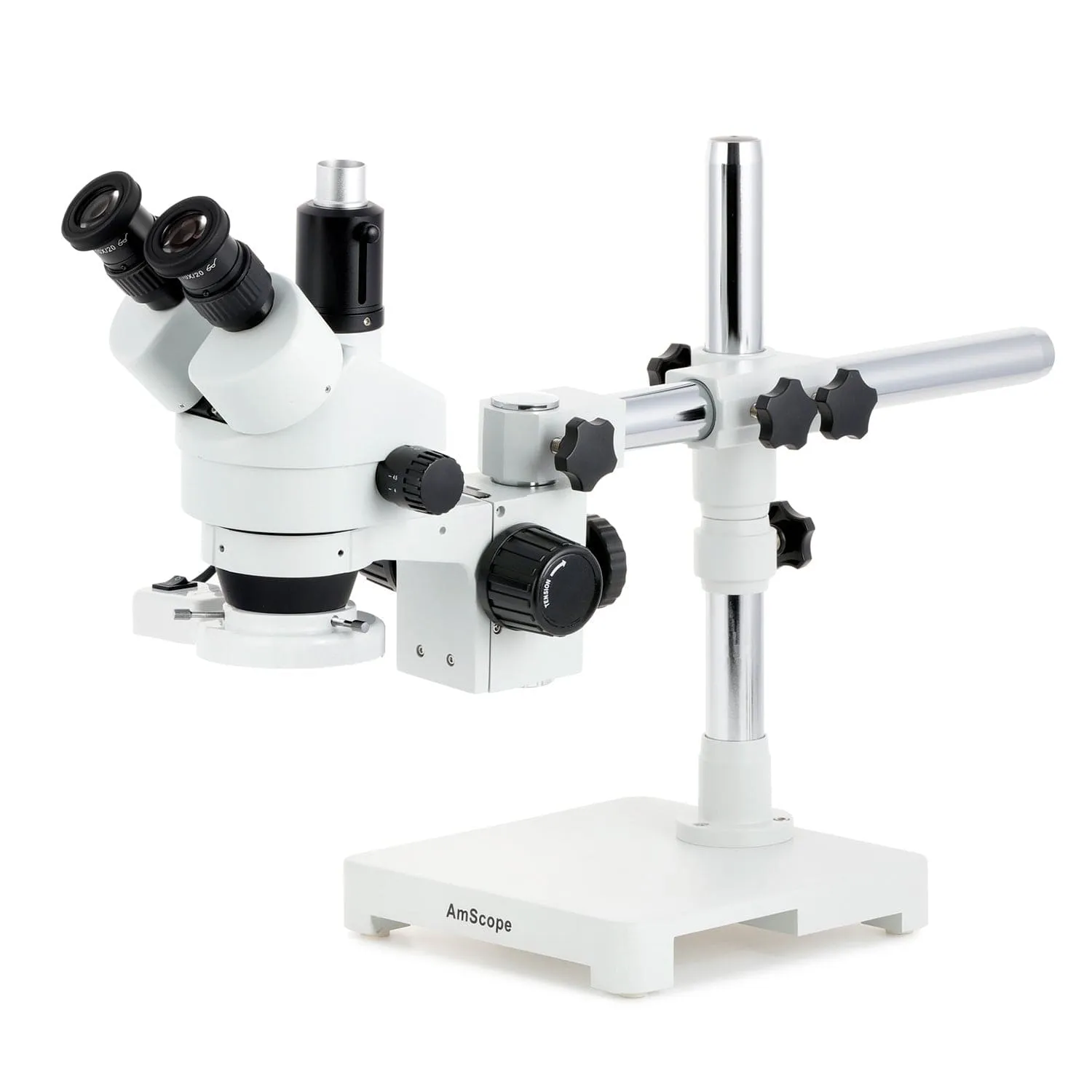 AmScope SM-3 Series Simul-Focal Zoom Trinocular Stereo Microscope with 8W Fluorescent Ring Light and Auto Focus Camera on Single Arm Boom Stand