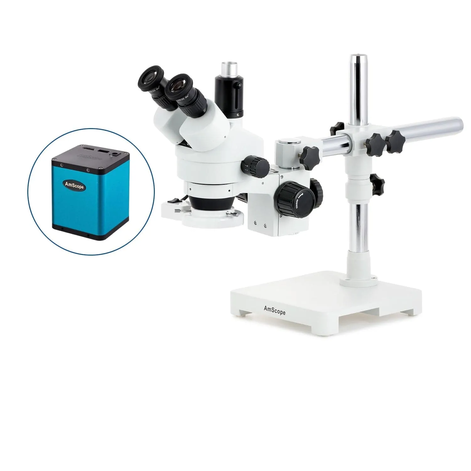 AmScope SM-3 Series Simul-Focal Zoom Trinocular Stereo Microscope with 8W Fluorescent Ring Light and Auto Focus Camera on Single Arm Boom Stand