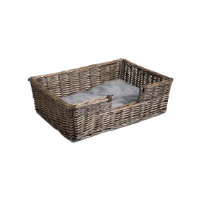 Antique Wash Rectangular Low Entry Wicker Dog Bed with Cushion